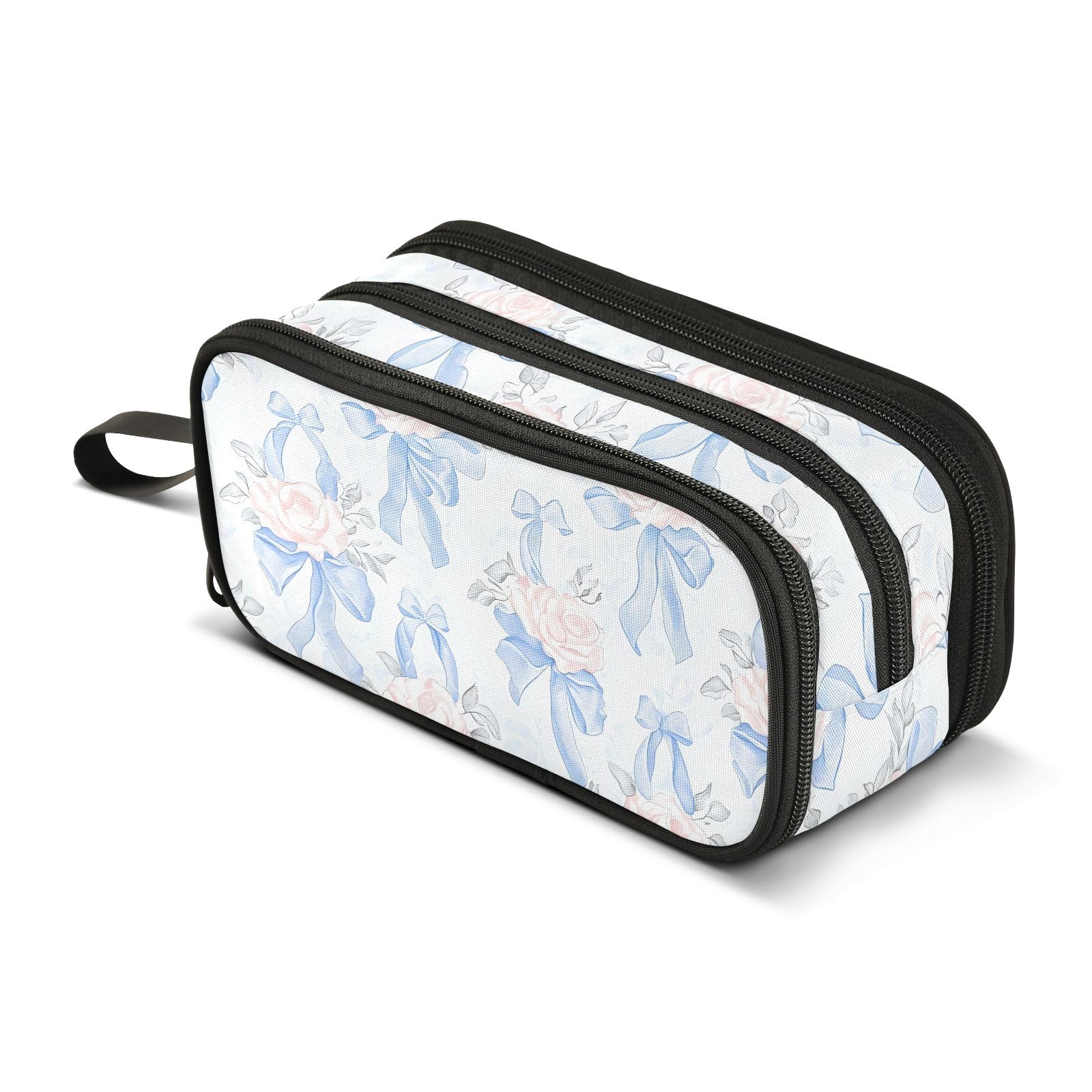 OWFKAY Bows Blue Roses Pencil Case for Girls School Large Capacity with 3 Compartments Pencil Pouch Back to School Supplies Stationery Organizer