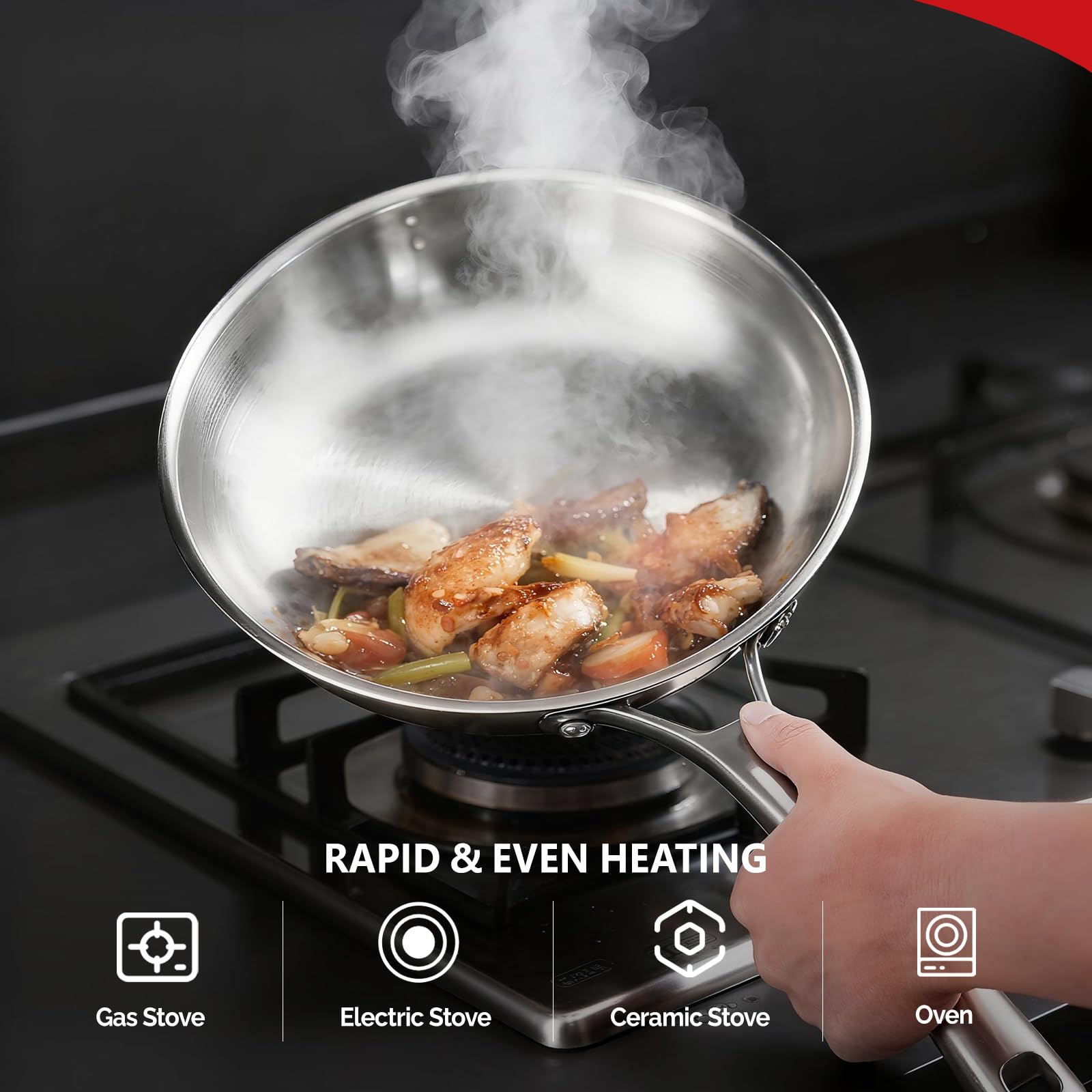 ROVSUN Set di Padelle in Acciaio Inox Triplo Strato, Pentole e Padelle Induzione Senza PFOA e PTFE, Stainless Steel Pan per Gas, Forno e Piastra a Induzione