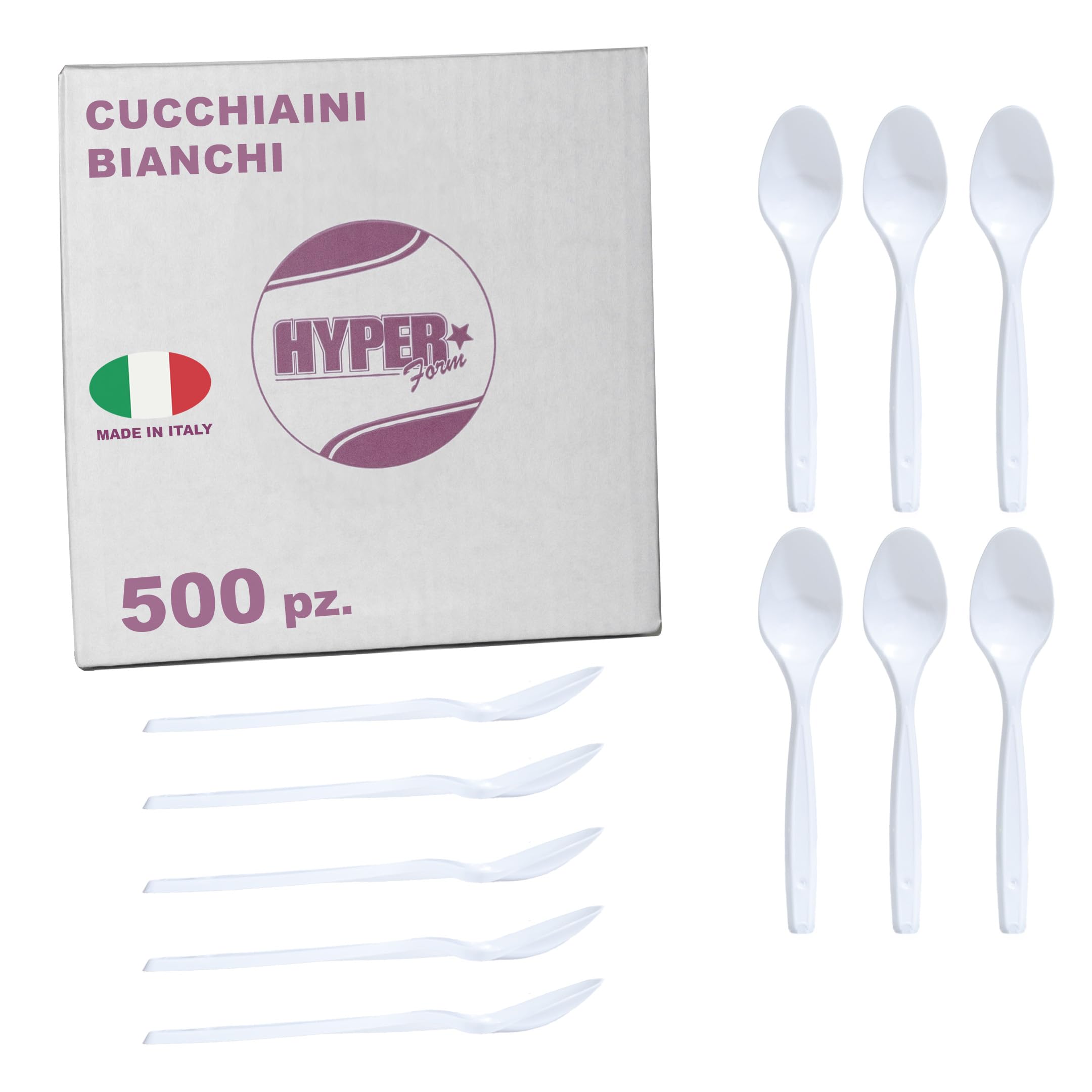 HYPER form -500 Cucchiaini in Plastica Bianchi, Riutilizzabili e Robusti per Aperitivo e Dessert. Per compleanni Feste e Party.