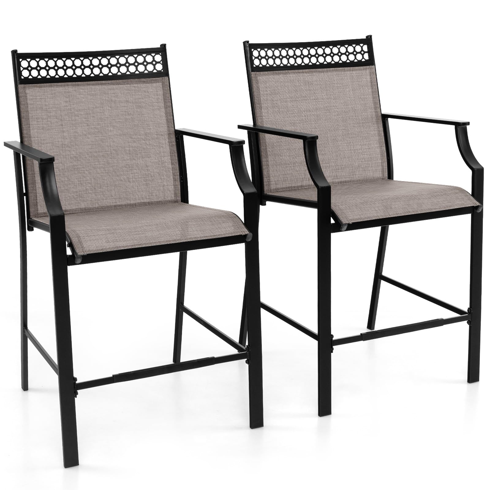 KOMFOTTEU Juego de 2 Sillas de Jardín, Silla Alta de Tela con Marco de Metal, Taburete de Bar con Respaldo y Reposabrazos, Silla de Comedor con Carga 180 kg para Terraza, 66 x 62 x 114 cm (Café)