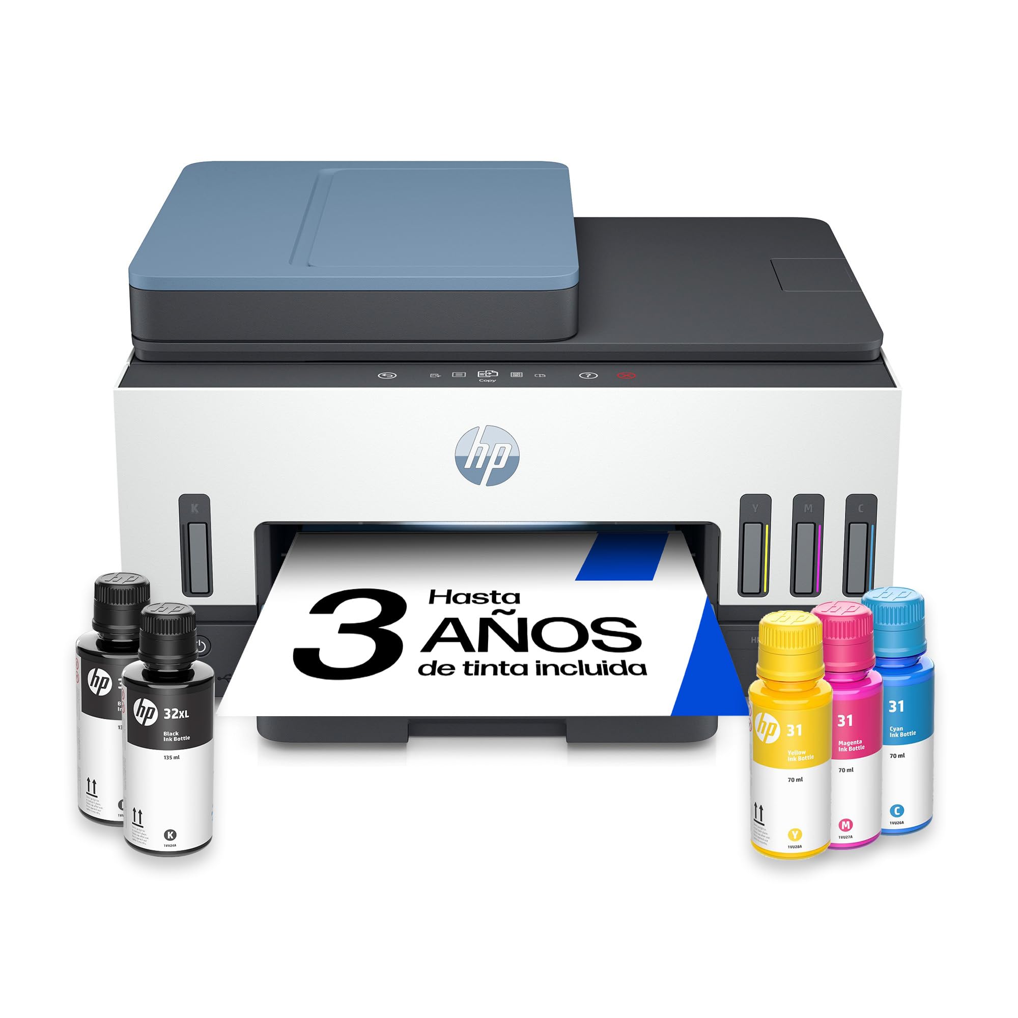 Hp Negro, Azul, Blanco Smart Tank 7606 28C03a - Impresora A4 Multifunción Con Deposito De Tinta Recargable, Impresión A Color, Escaner, Copiadora, Fax, Wi-Fi, Smart App, Blanco Y Azul