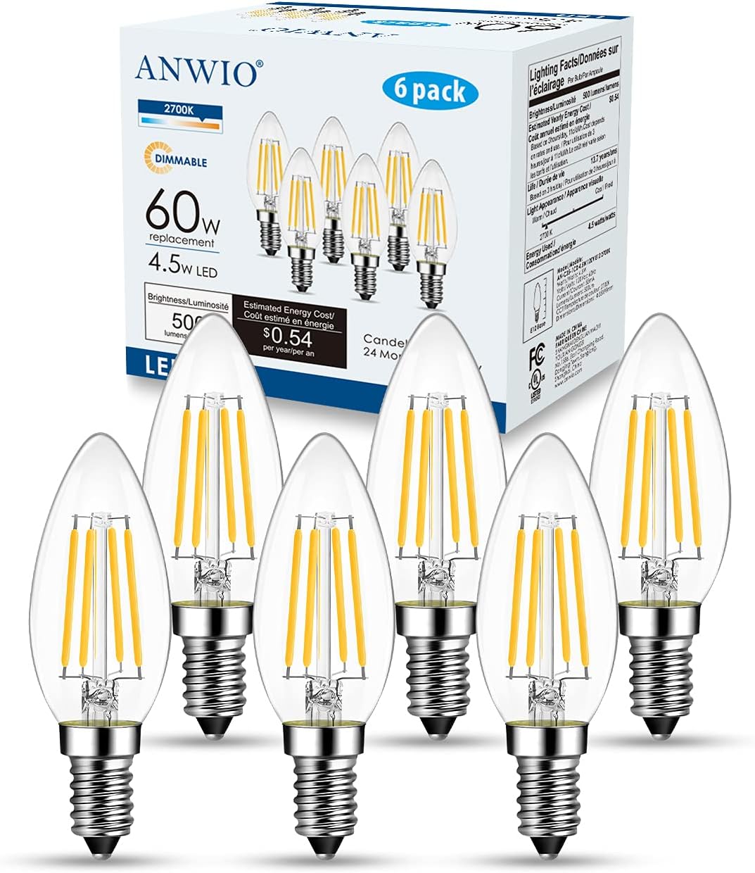 ANWIO B11 LED Filament Bulb E12 Candelabra Base 4.5W(60W Equivalent