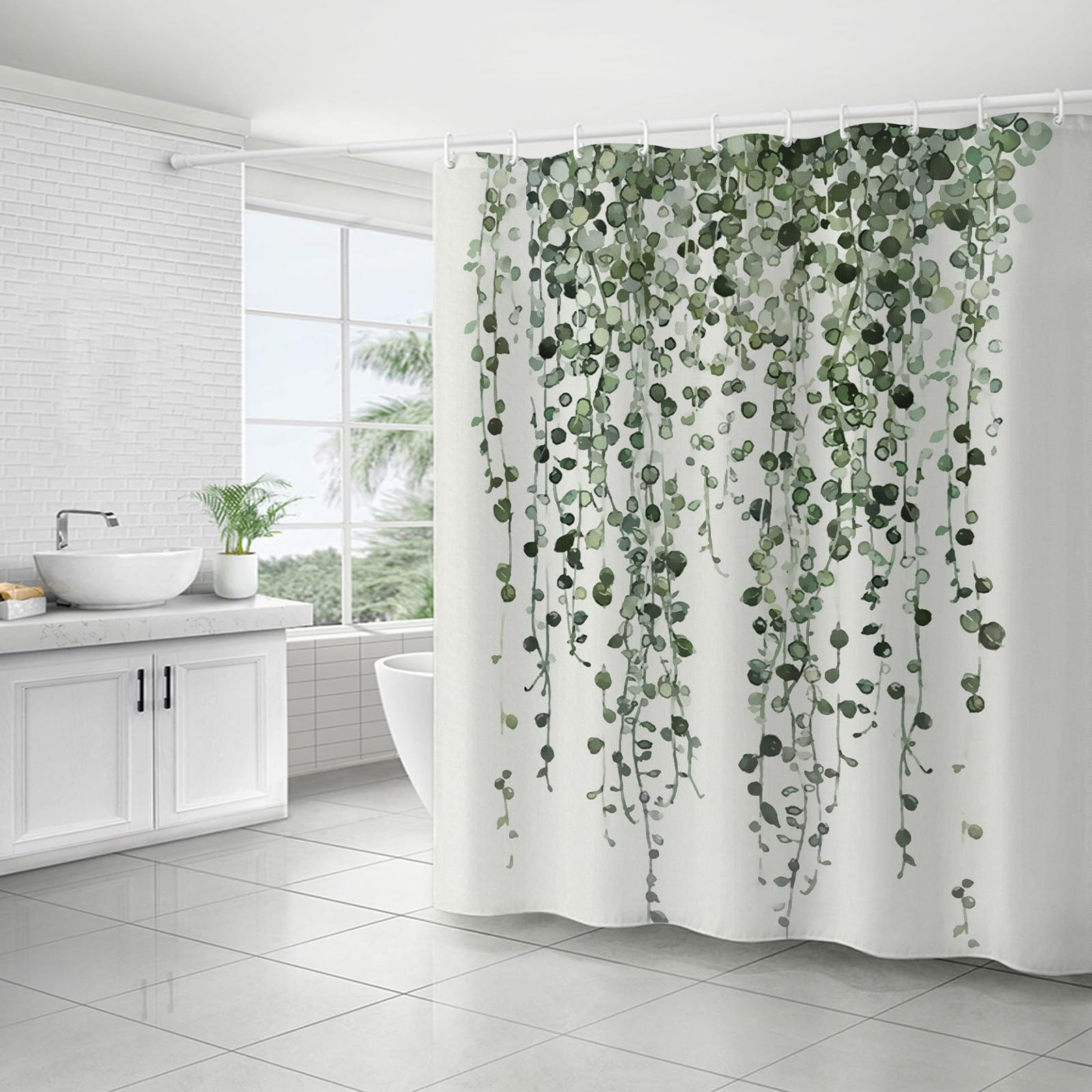 FAIRYGATE Sage Green Shower Curtain Garden Outdoor Polyester Fabric Waterproof Bath Digital Painting Pattern for Stall Bathroom Curtains with 12 PCS Hooks (180x180cm) B9606