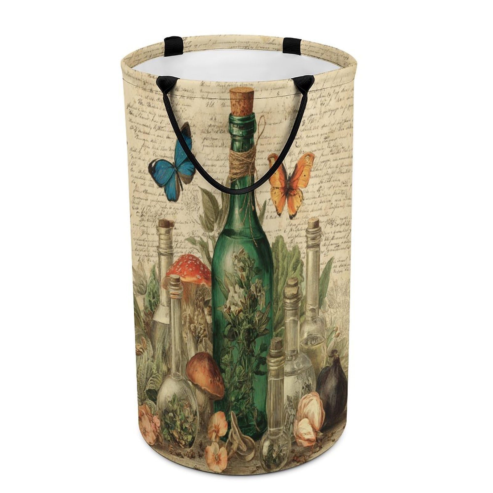 LUYYSKY Beautiful Retro Green Bottle Versatile Storage Laundry Basket, Classic Abstract Botanical Flowers Mushroom Animal Butterflies Large Capacity Bathroom Hamper With Handle