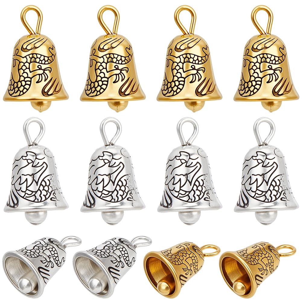 SUNNYCLUE 1 scatola 30 pezzi Ciondoli A Campana In Metlega Ciondolo A Campana Dorata con Totem di Drago Antico Argento Antico Oro Ciondoli Albero di Natale per Collana Orecchini Bracciale Creazione di