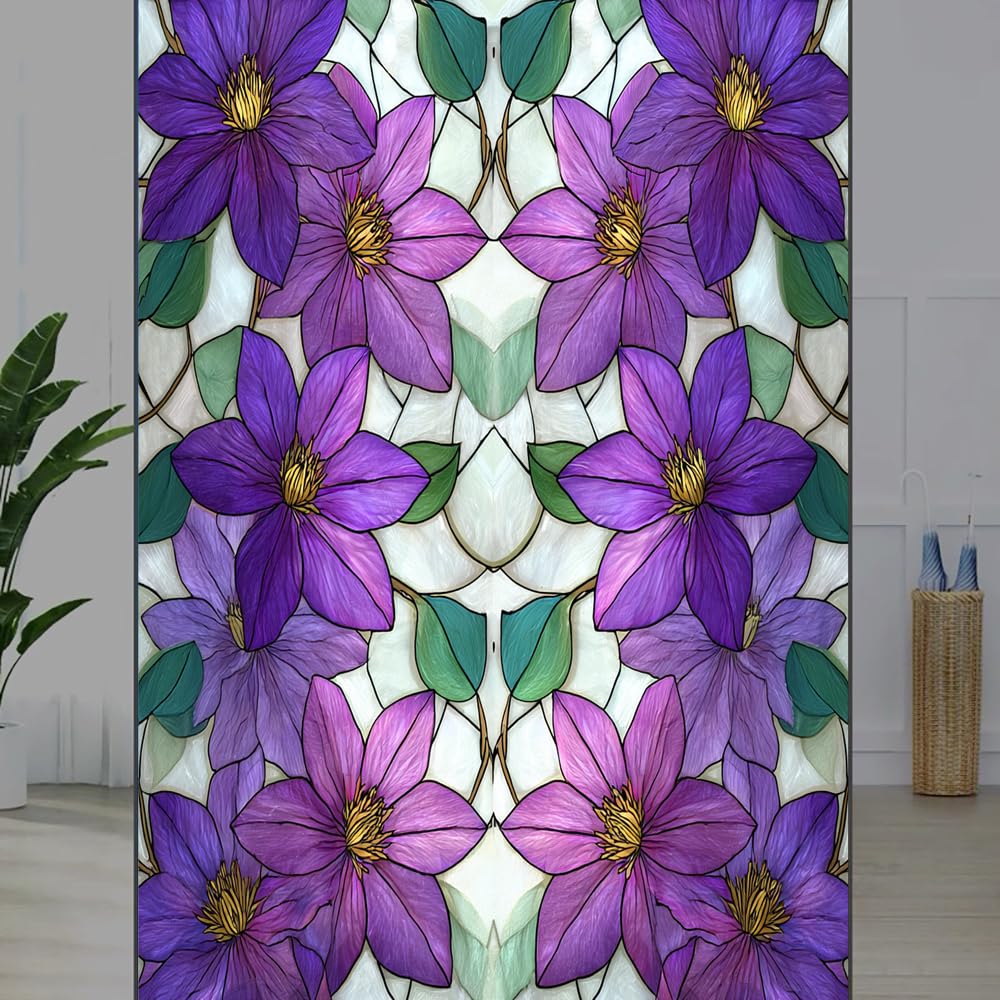FOCCAFB Abstract Flowers View Frosted Window Film, Rustic Leaves Plants Stained Glass Privacy Film, Heat Insulation Self-Adhesive Vinyl for Bathroom Office, （40x80cm）