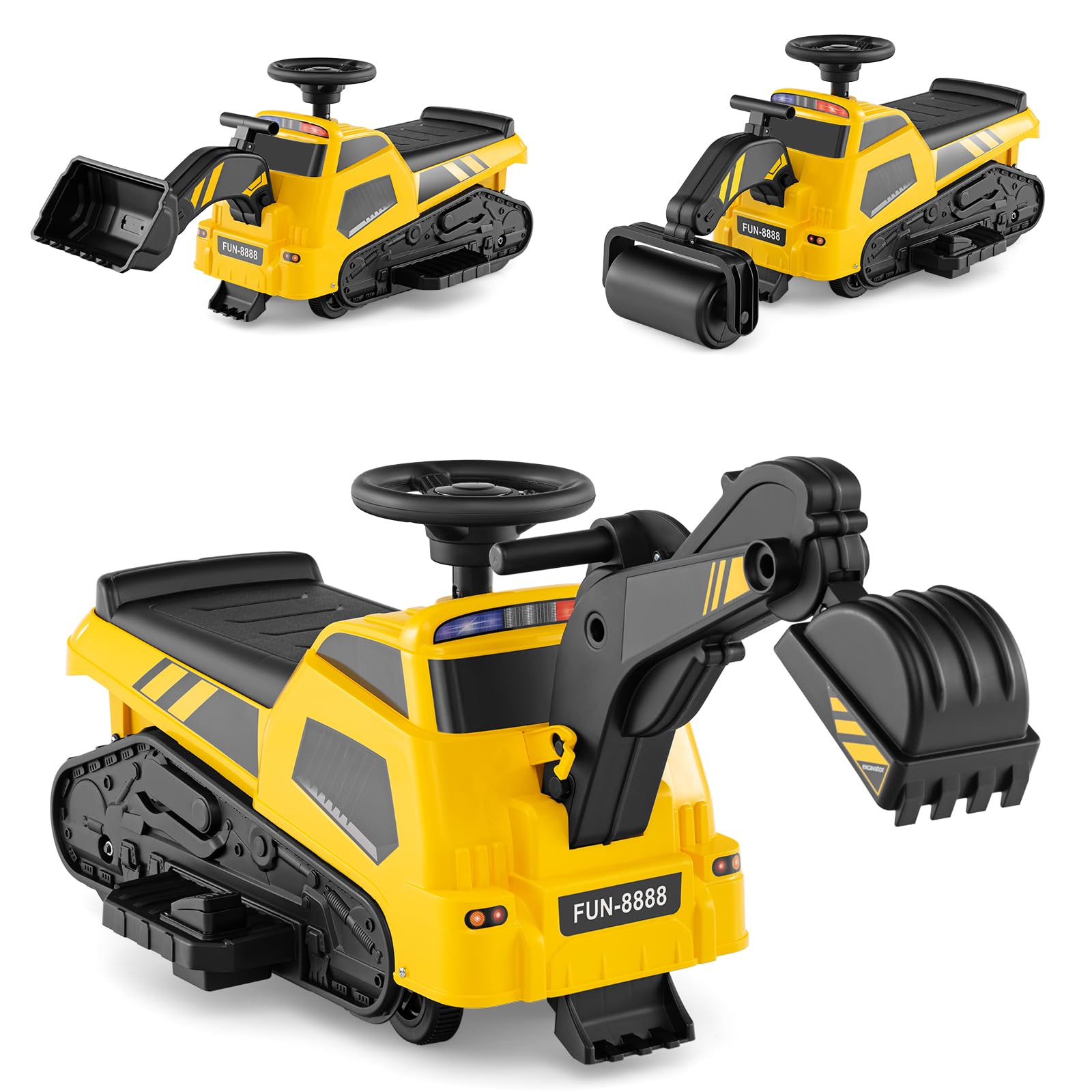 Costzon 3-in-1 Ride on Tractor, Electric Excavator Bulldozer Toy Road Roller w/Adjustable Arms, Music, 6V Ride on Construction Vehicles for Kids 1.5+ Years Old