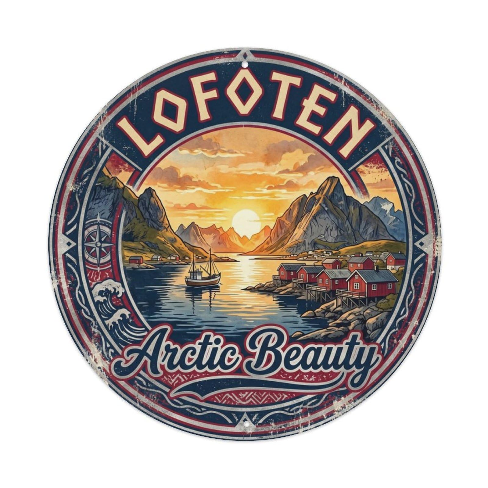 Vintage Travel Lofoten Arctic Beauty Metal Tin Sign Plaque Wall Decor for Cafe, Club Bar, Office, Home Garden Round Metal Poster 8x8Inch