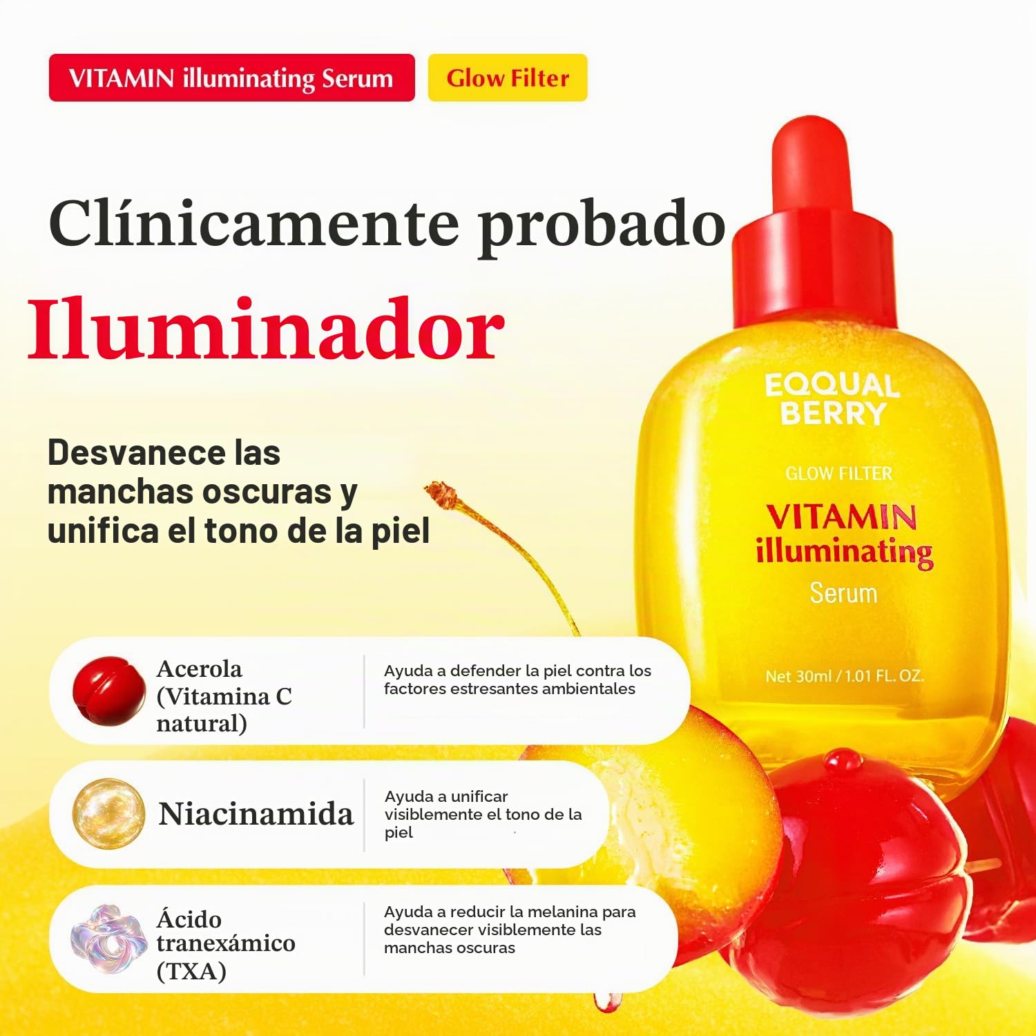 EQQUALBERRY Suero Iluminador con Vitaminas – Sérum Facial Ligero con Vitamina C, Niacinamida y Ácido Hialurónico – Hidratación Diaria 30 ml