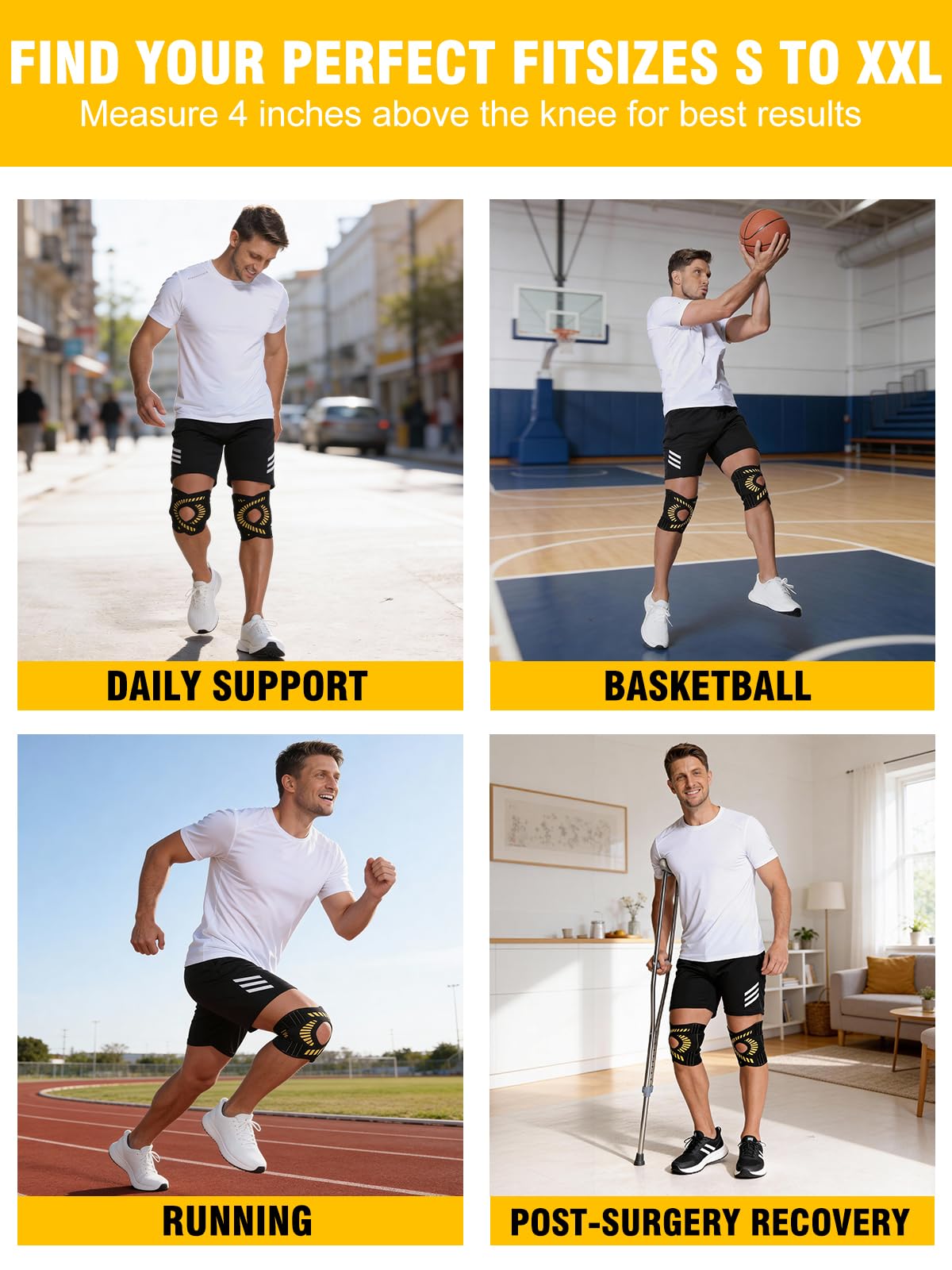 Quick-Wrap – Lot de 2 genouillères réglables pour homme et femme avec 4 stabilisateurs à ressort en métal, rotule ouverte, sangles en X, compression respirante pour la course, la gym, le