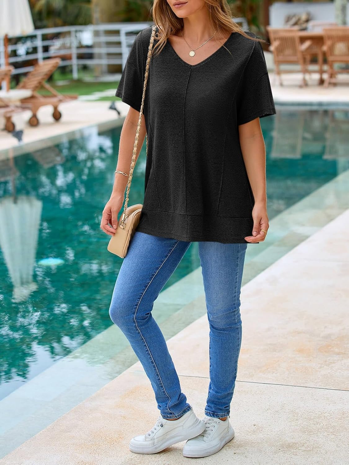 Tankaneo Womens Oversized Tshirts Knit V Neck Short Sleeve Tunic Tops Summer Casual Loose Fit Tee Shirts - Image 7