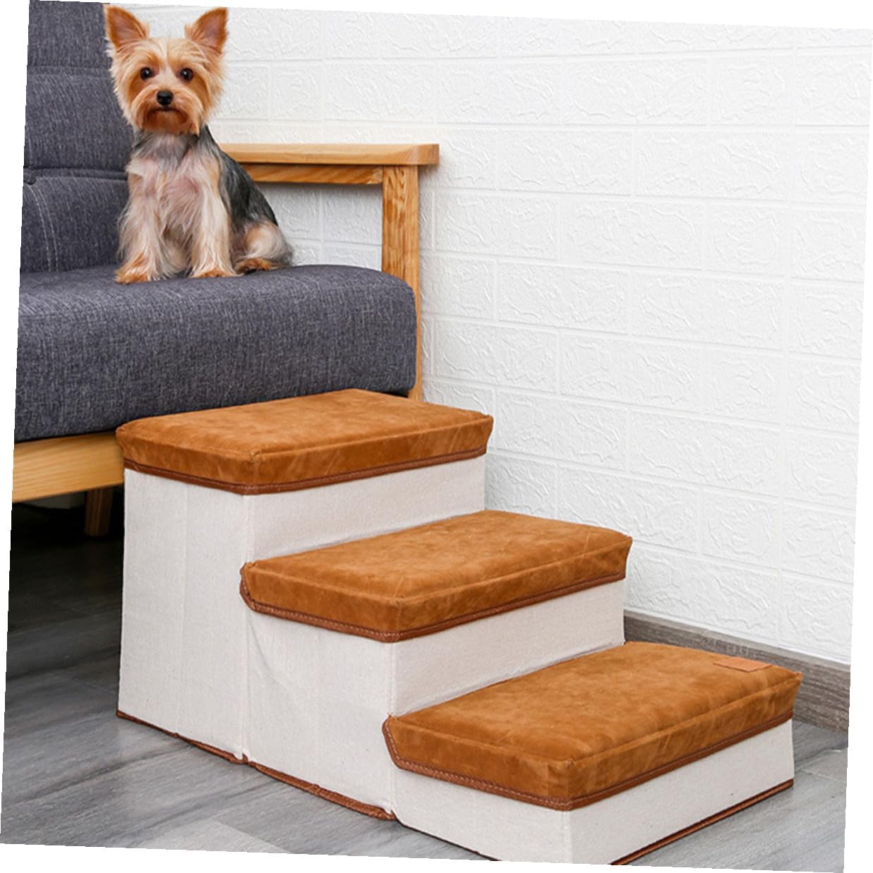 MERRYHAPY Foldable Three-Step Dog Ladder Pet Stair Indoor Puppy Ramp Brown Storage Staircase for Small Dogs