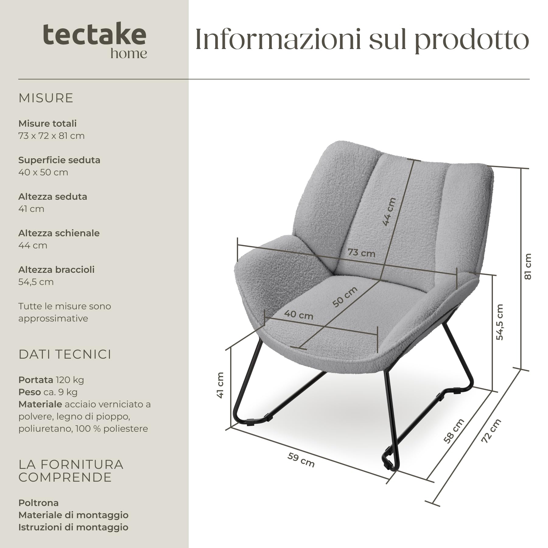 tectake® Poltroncina in Stile Scandinavo, Poltrona Camera da Letto Tessuto Bouclé, Sedia Ergonomica con Telaio in Acciaio, Sedia Cucina Antiscivolo, Carico Max. 120Kg - Grigio Chiaro