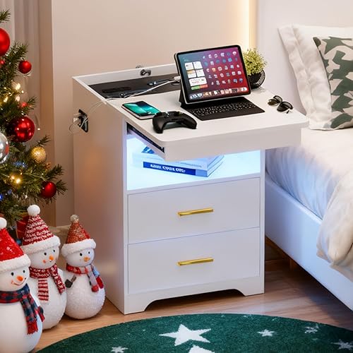 Mesita de noche LED con cajón de pistola con cerradura, mesa auxiliar con estación de carga, mesita de noche con luz LED regulable de 3 colores a