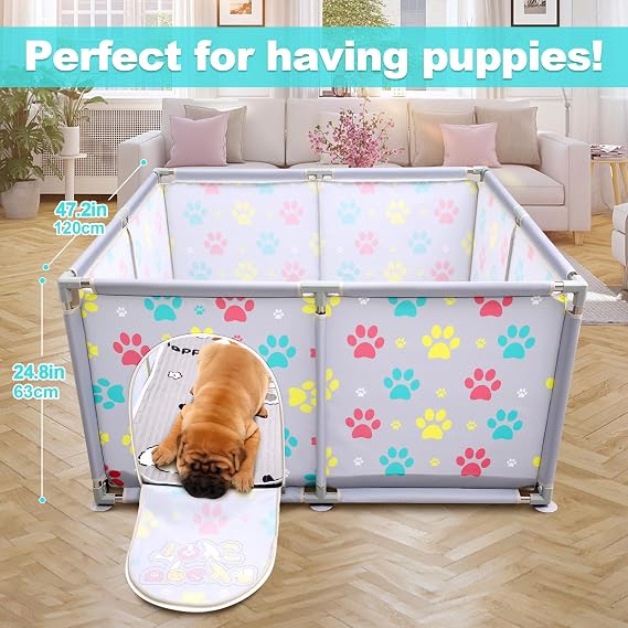 Whelping Box for Extra Tall Dog + Whelping Pad Playpen Whelping Supplies for Large Small Breed Dogs Puppies 120x120x63cm