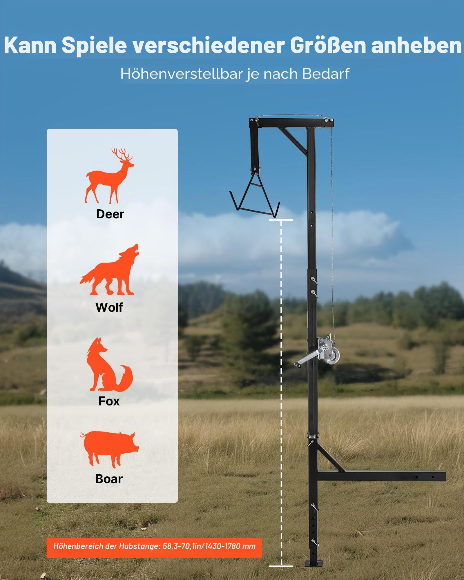 VEVOR Game Hoist mit Seilwinde & Gambrel, 226,8 kg Tragkraft, Lkw-Wildhebezeug mit 5,08 cm Empfänger, 360-Grad-Schwenkschaft & einstellbarer Höhe, zum Häuten & Säubern von Wild im Jagdspiel