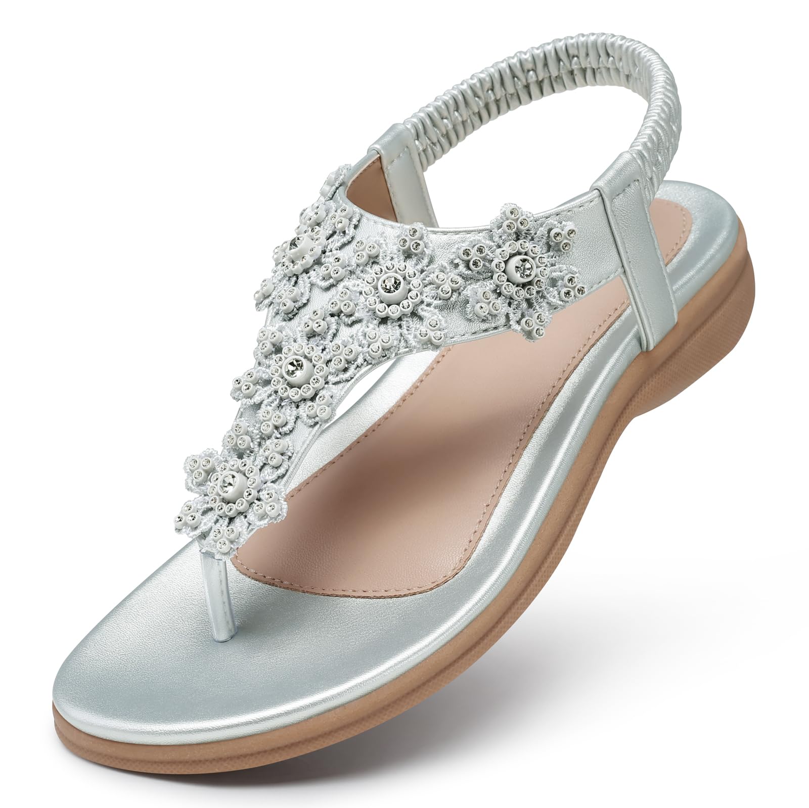 TEMOFON Sandals for Women Flat Dressy Summer Flower Sandals with Ankle Strap Comfortable Casual Walking Flat Sandals Size 5-11