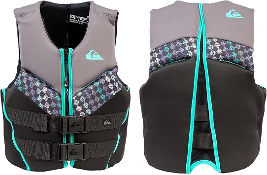 QUIKSILVER Life Jacket for Youth/Kids/Toddler, USCG and Transport Canada Approved Type III PFD, Durable UV Resistant Life Vest with Saferty Strap, for Boating Kayaking Waterskiing Rafting Watersports