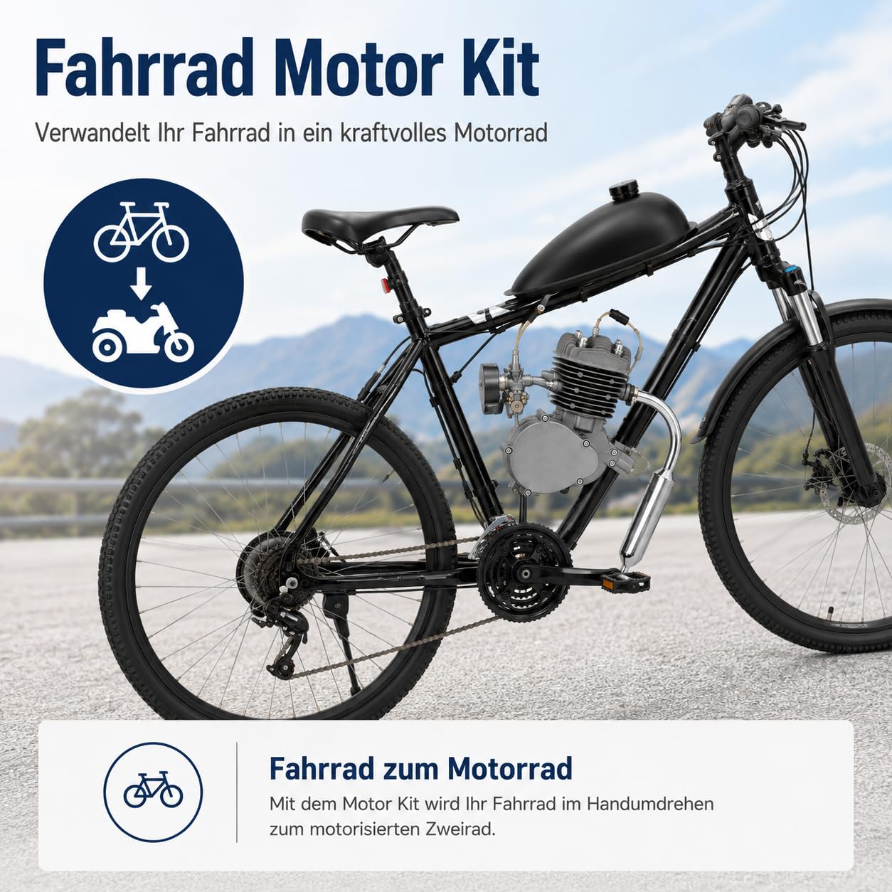 80ccm 2-Takt Fahrrad Motor Kit Benzinmotor mit CDI Zündung für 26/28 Zoll V-Rahmen