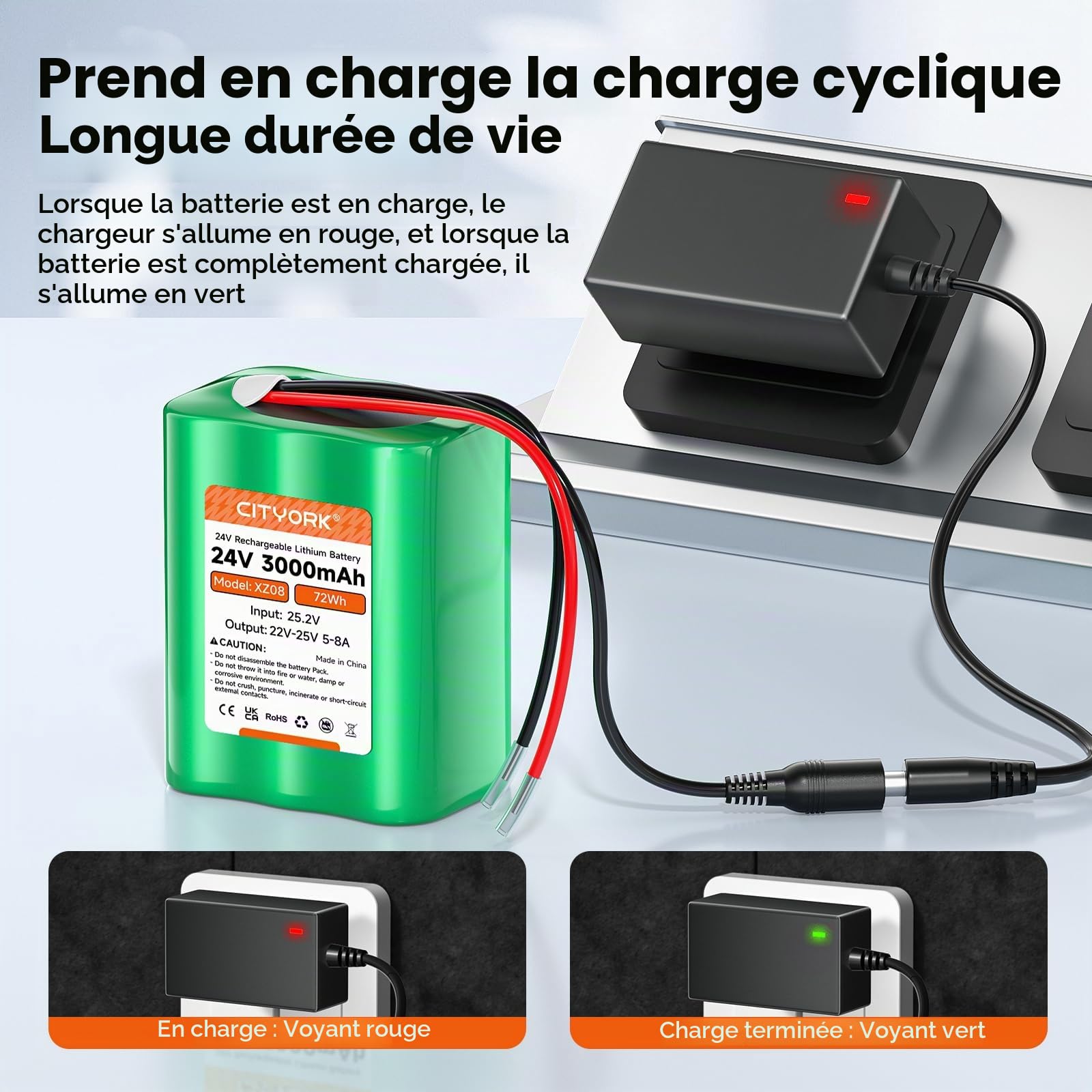 CITYORK Batterie lithium-ion rechargeable 24 V 3000 mAh pour projets de bricolage, bateau, caméra de vidéosurveillance, détecteur de poissons, barre lumineuse LED et plus encore