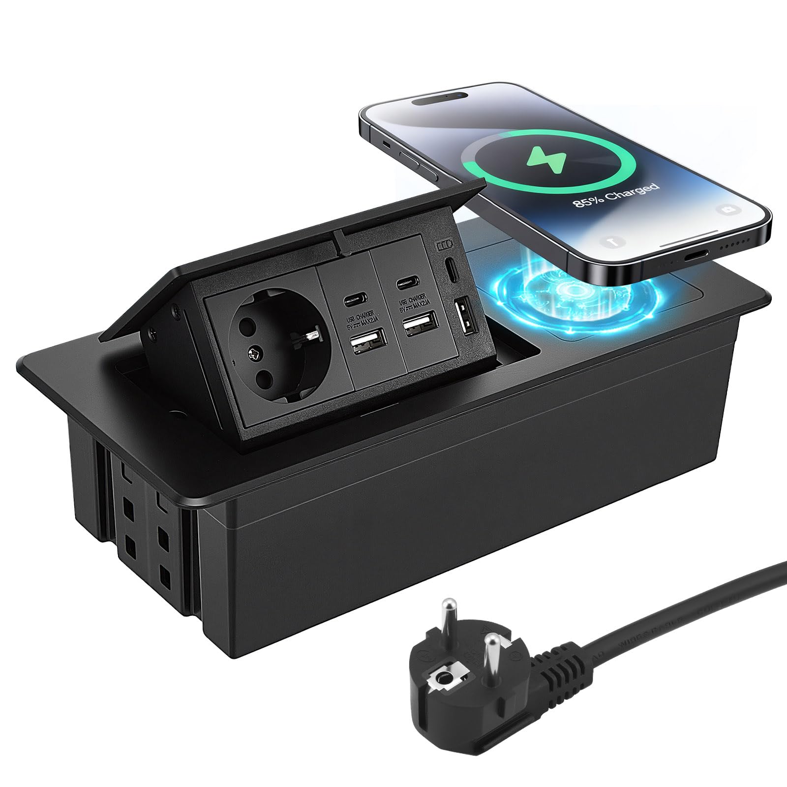 Multipresa da Incasso a Scomparsa, 1AC, 3USB A & USB C, PD20W, Wireless 15W