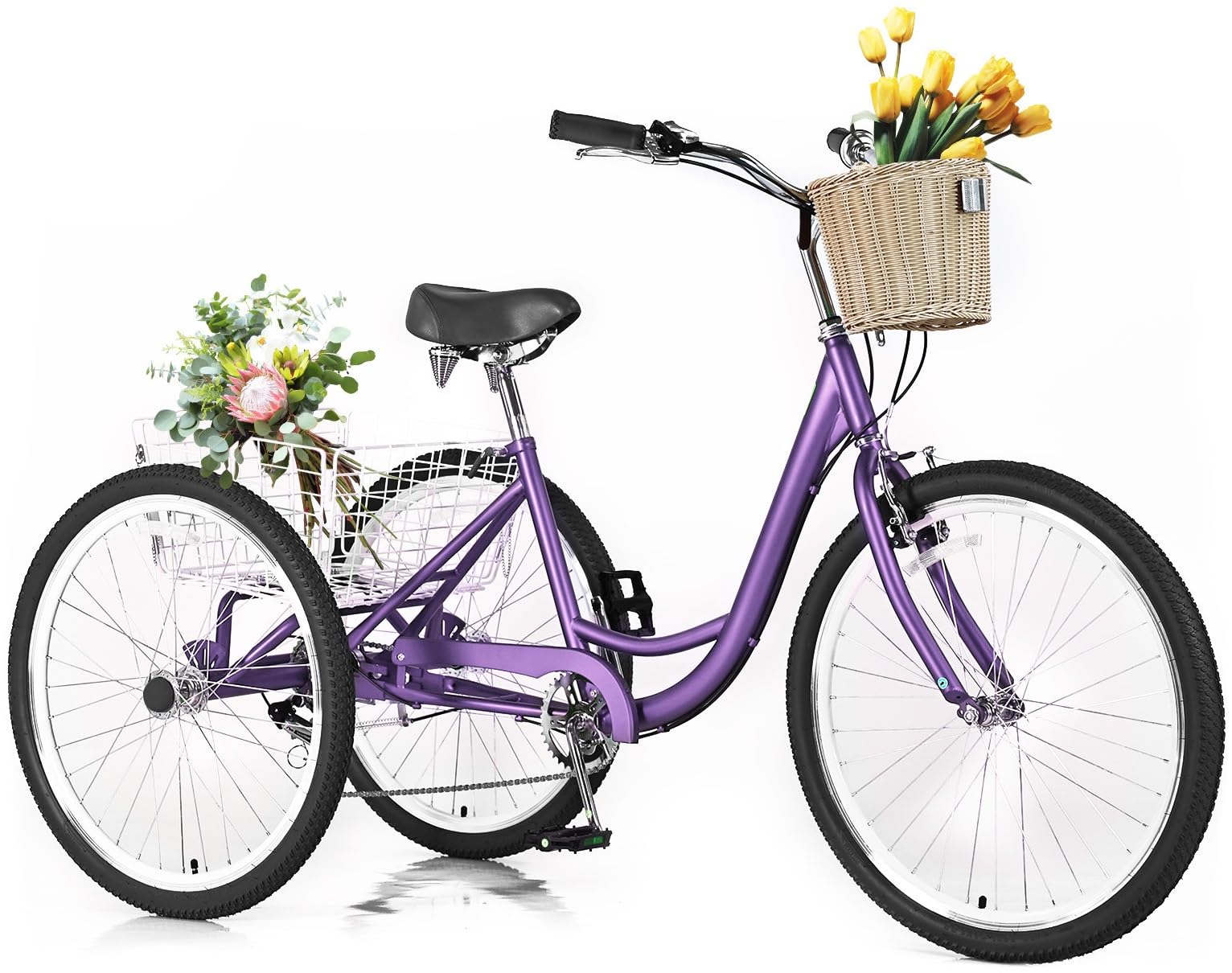 Adult Tricycles for Adults, 7 Speed Adult Trikes, 20/24/26 inch 3 Wheel Bike with Basket, Three-Wheeled Cruiser Bicycles for Women and Men, Without Fenders