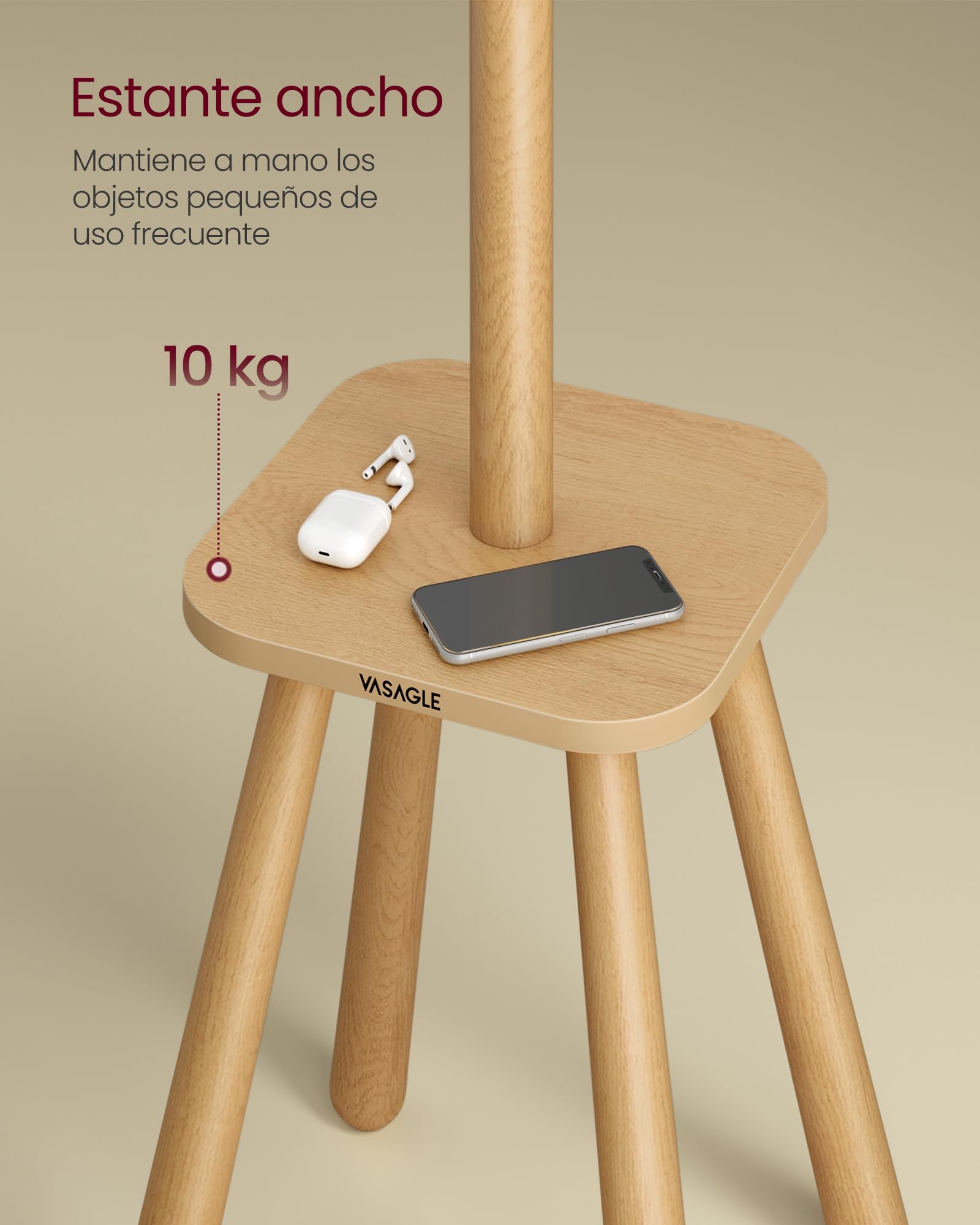 VASAGLE Perchero, Perhcero de Suelo, con 8 Ganchos y Estante de Almacenamiento, 170,5 cm de Altura, para Abrigos Sombreros Bolsos, Entrada Pasillo Dormitorio, Beige Natural RCR033N01