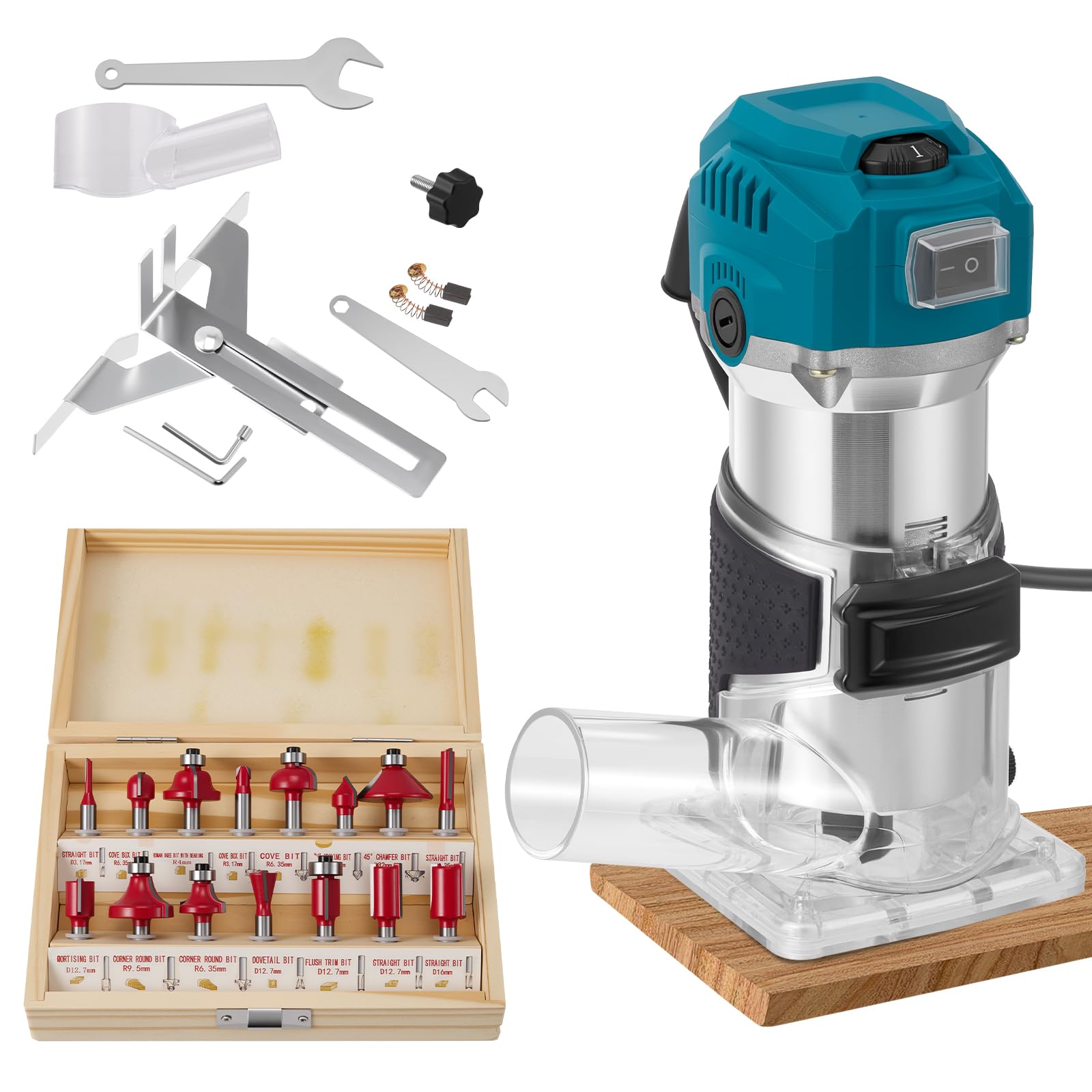 Rifilatore fresatrice verticale per legno 800W con 15 pezzi, fresa in metallo duro, 6,0 + 6,35 mm, pinza di serraggio 30.000 giri/min, con attacco di aspirazione della polvere, 6 velocità