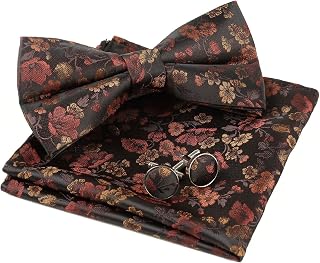 Mens Pre-tied Paisley or Floral Jacquard Bow Tie Handkerchief and Cufflinks Set, Black/Burgundy/Orange(floral), One Size