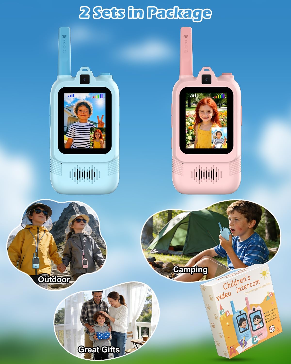 CloudValley Walkie-Talkies con Video para Niños, Paquete de 2, Recargables, Cámara Dual, Emparejamiento Uno a Uno, Alcance 580 M, Ideal para Familia y Niños/Niñas de 3 a 12 Años (Azul/Rosa)