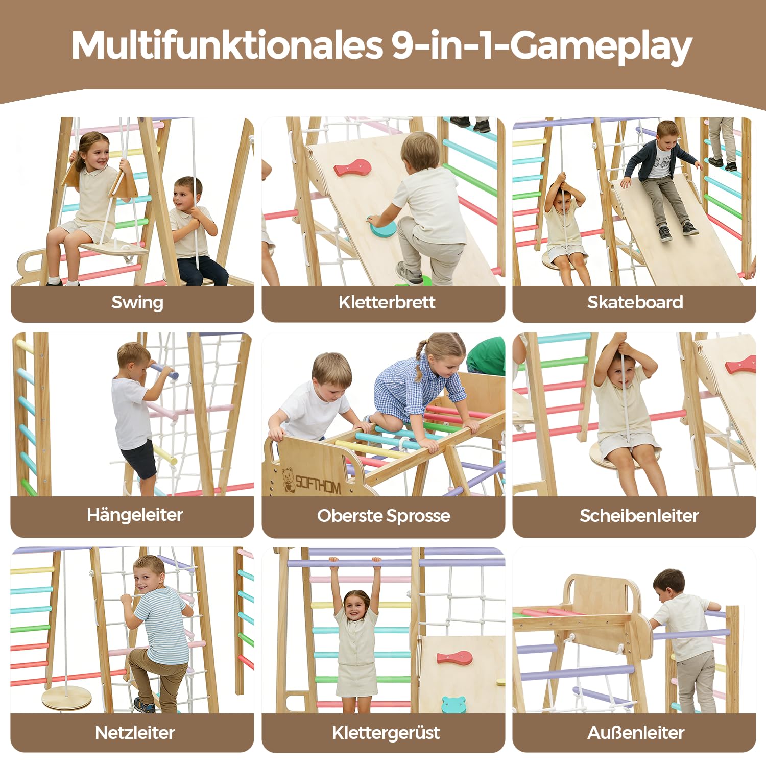Maxi Indoor Spielplatz Klappbar | Klettergerüst aus Holz, kletterdreieck mit Rutsche, Schaukel, Kletternetz, Kletterwand, Kinderzimmer, 1-8, Gesunde Lackierung