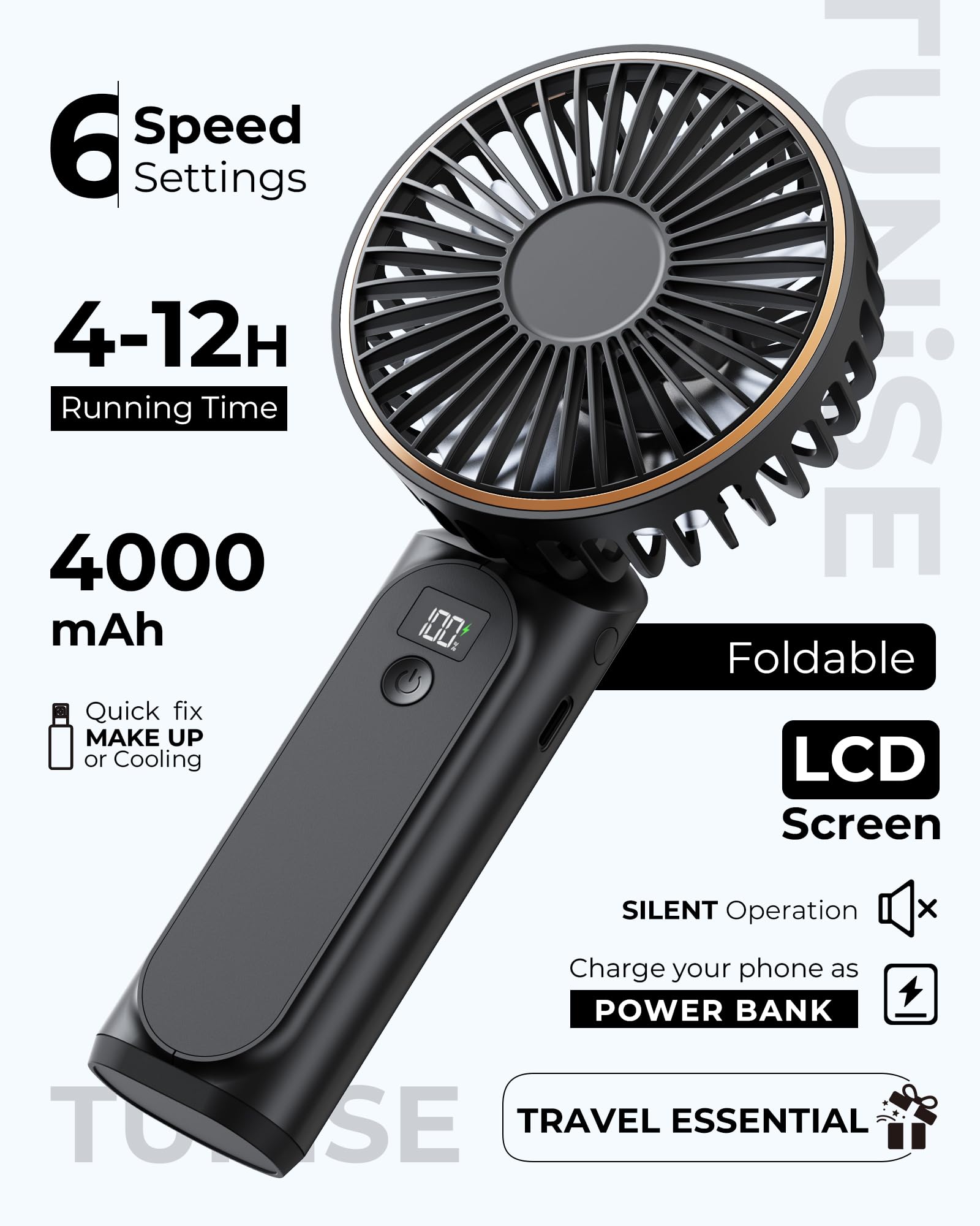 Tragbarer Mini-Ventilator Mit 4000mAh LED-Display, 180° Verstellbar und Wiederaufladbar - 6 Geschwindigkeiten, Mit Powerbank-Funktion