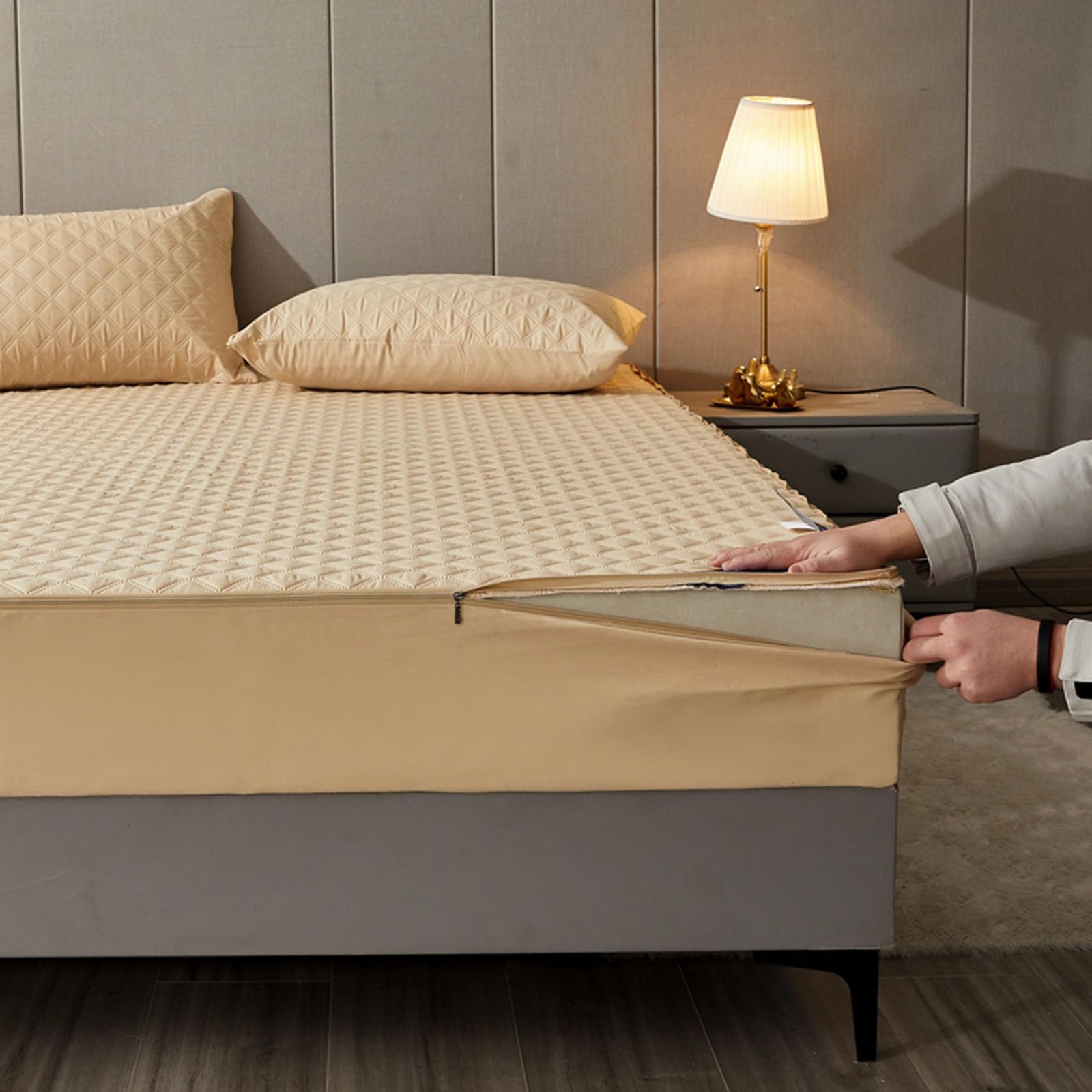 Protège-Matelas Imperméable avec Fermeture éclair 140x190/200 Personnalisable Housse de Protection Matelas Déménagement Lavable Couvre Matelas Housse Integrale Matelas Matelassé (200x210+15cm,Camel)