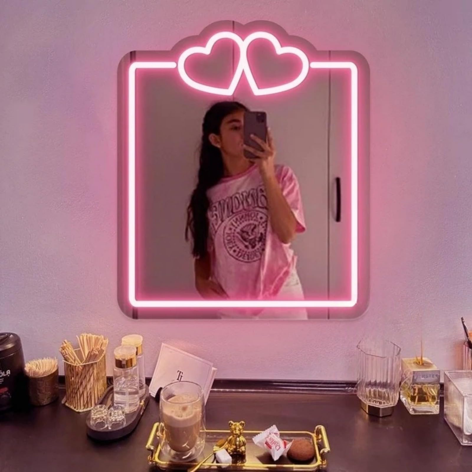 mllusxg Heart Mirror Neon Sign, Custom Y2K Mirror Neon Wall Art
