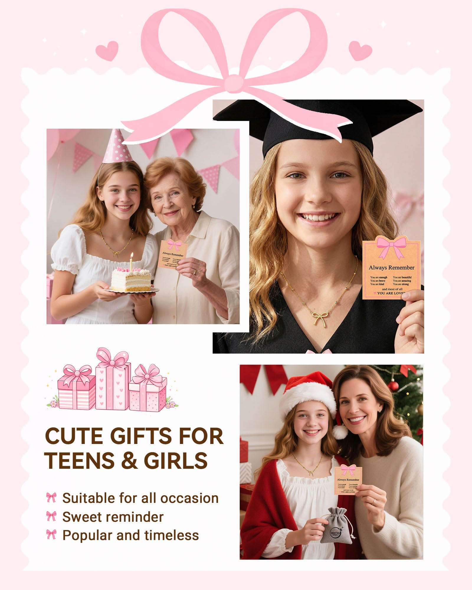 UNGENT THEM Always Remember You Are Loved - Cute Preppy Girly Trendy Stuff Gold Bow Necklace for Women Teen Girls