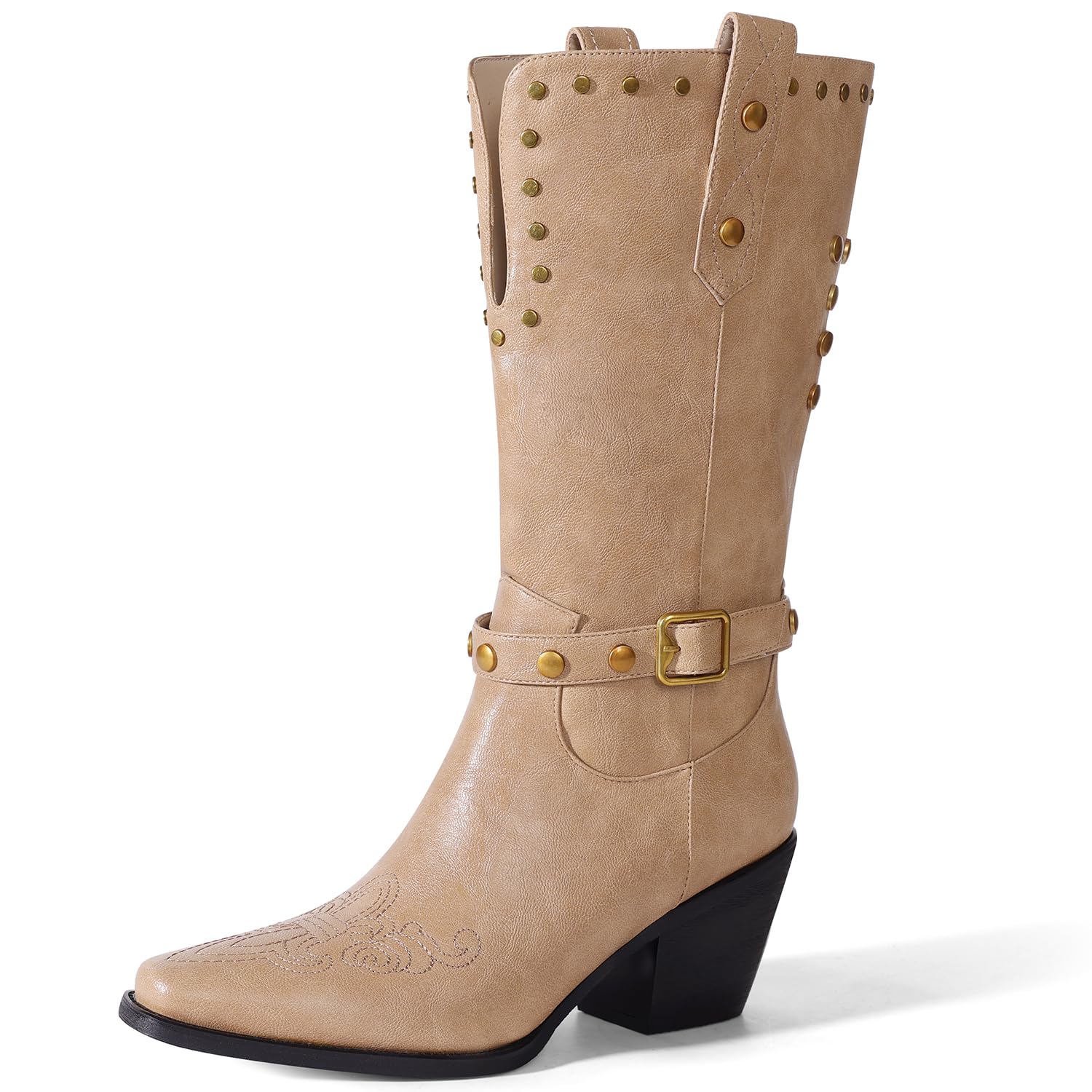 RONILURN Womens Cowboy Cowgirl Boots Wide Mid Calf Square Toe Riding Boots Block Chunky Heel Low Heel Distressed Studded Boots
