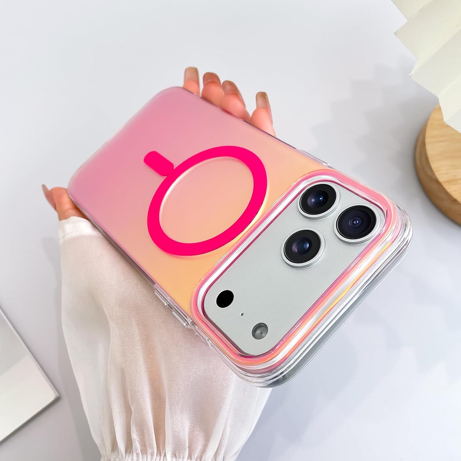 SAKUULO Magnetic Case for iPhone 17 Pro Compatible with Magsafe, Bling Laser Iridescent Florescent Crystal Sparkly Luxury Shockproof Protective Cover for Women Men, Hot Pink - Image 3