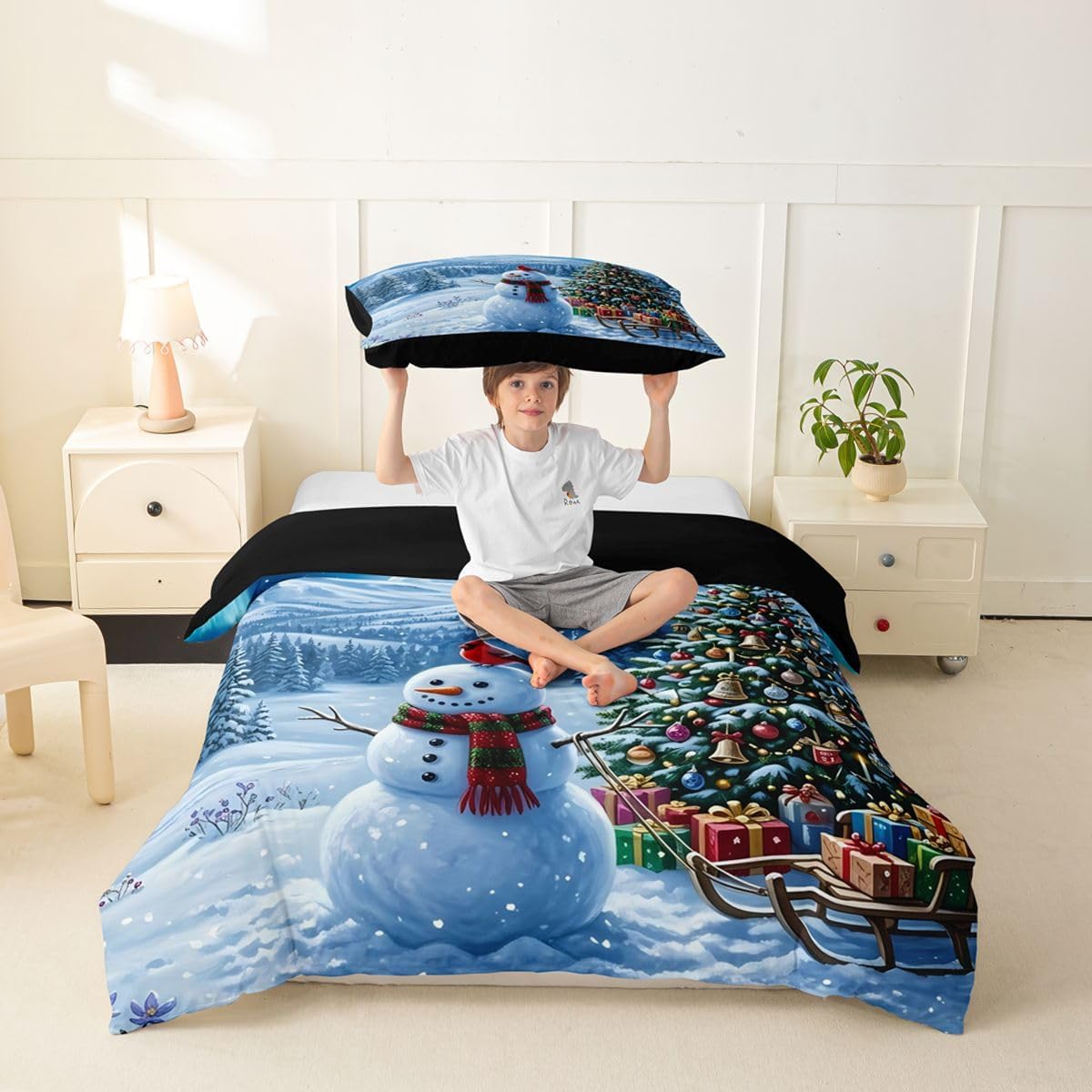 Castle Fairy Christmas Snowman Kids Duvet Cover Set Toddler Size,Wildlife Aurora Forest Bedding Set,Woodland Nature Scenery Room Decor,Blue Quilt Cover,1 Pillowcase(No Comforter) image 3
