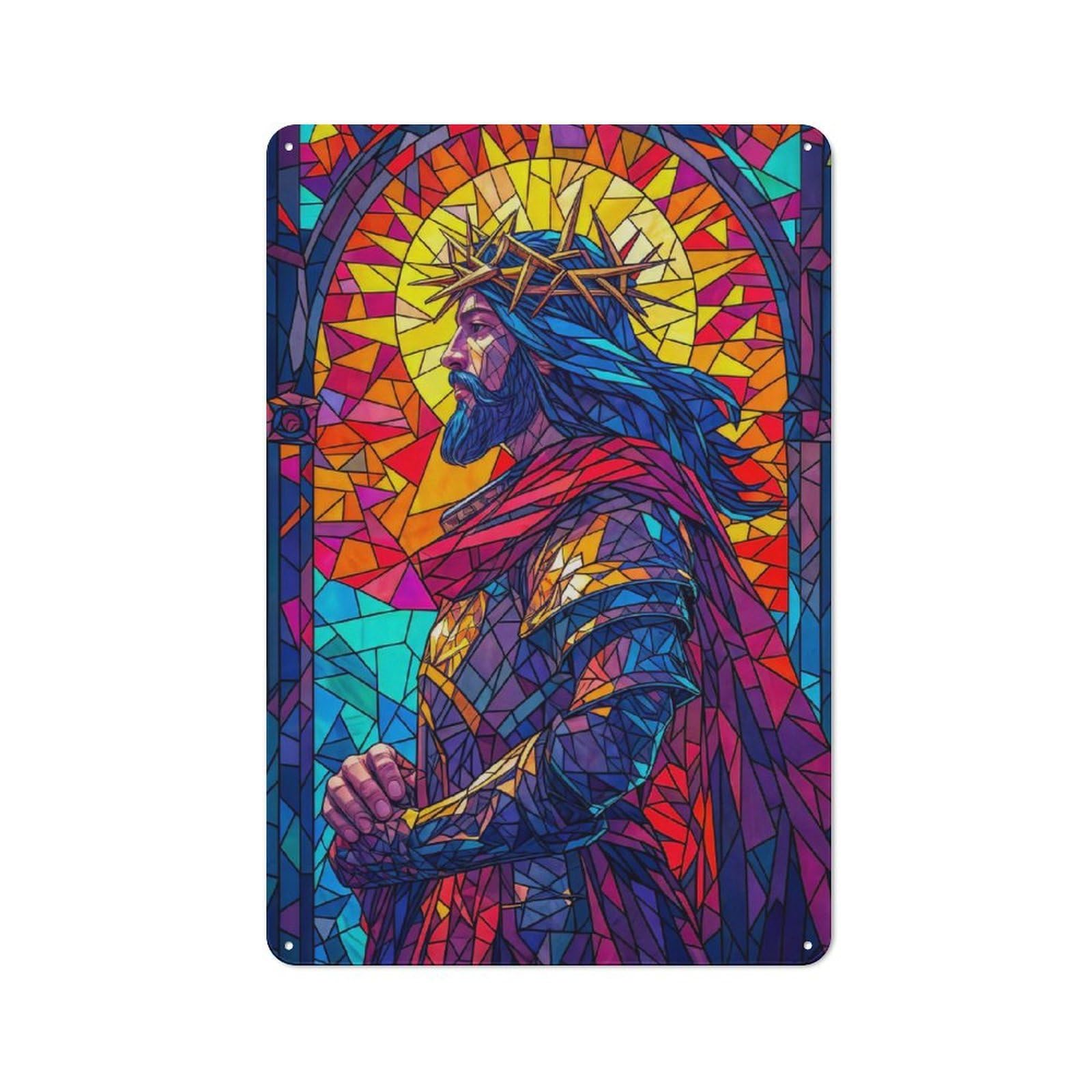 Junmoney Style-7 Vintage Tin Sign 30X20cm With Sacred Stained Glass For Garage Or Workshop, For Metal Sign Collectors, For Cafés, Pubs And Restaurants