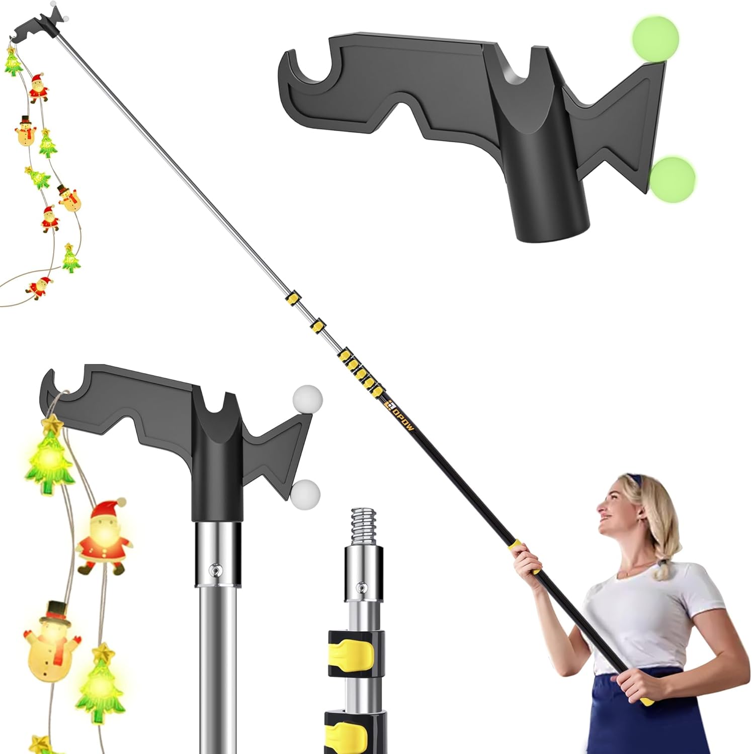 7-30 FT Christmas Light Telescopic Hanger Pole with Utility Hook, Stand Reach 30 Feet Long 3/4 inch Threaded Pole Reaching High Place for Hanging and Installation Lights String, Clothes and Birdfeeder