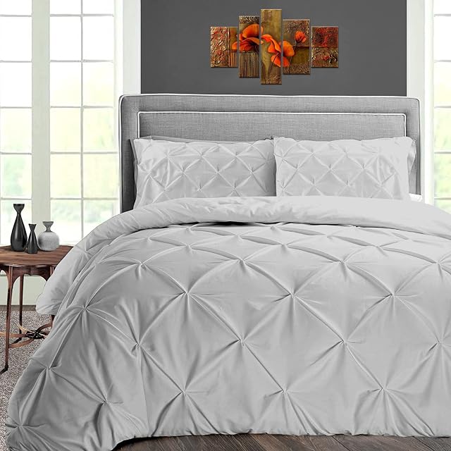 SLEEP-NEST Luxuries Decorative Pinch Pleated Pintuck Duvet Cover Super King Plus 120x120 Size 3 Piece with Zipper Closer & Corner Ties 100% Egyptian Cotton Soft & Cozy, Silver Grey Solid
