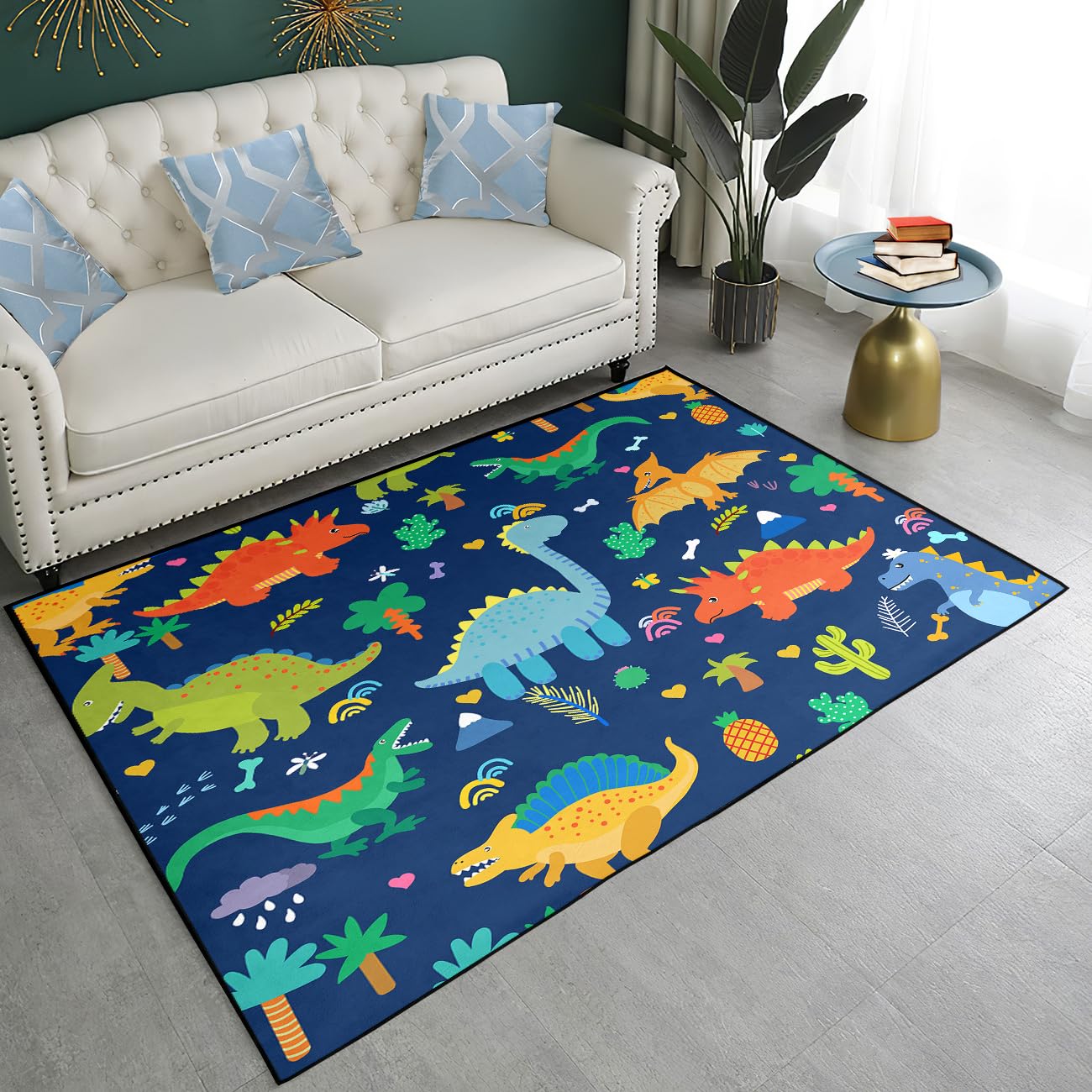 Cartoon Dinosaur Area Rugs Lovely Dinosaur Carpet Rugs for Boys Kids Blue Cute Animal Patterns Carpet Dinosaurs Rug for Boys Bedroom Living Dinning Room Bedroom Kitchen Playing Room, 2'×3'