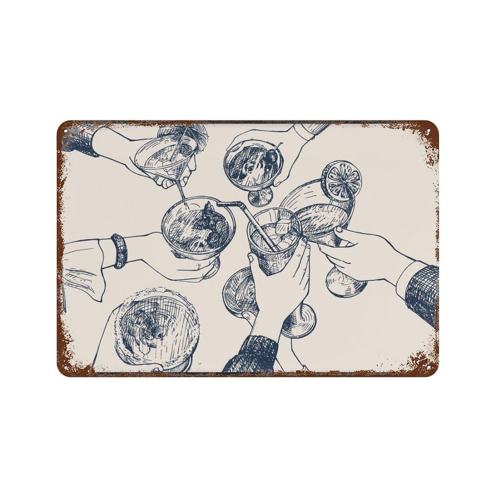 xiaoxiaoshen Retro Cocktail Toast Lines, Black And White Sketch Style Drinks Wall Decor Art Metal Tin Poster Modern Home Decor Art Home Bar Shop Decorations Vintage Sign 20x30cm