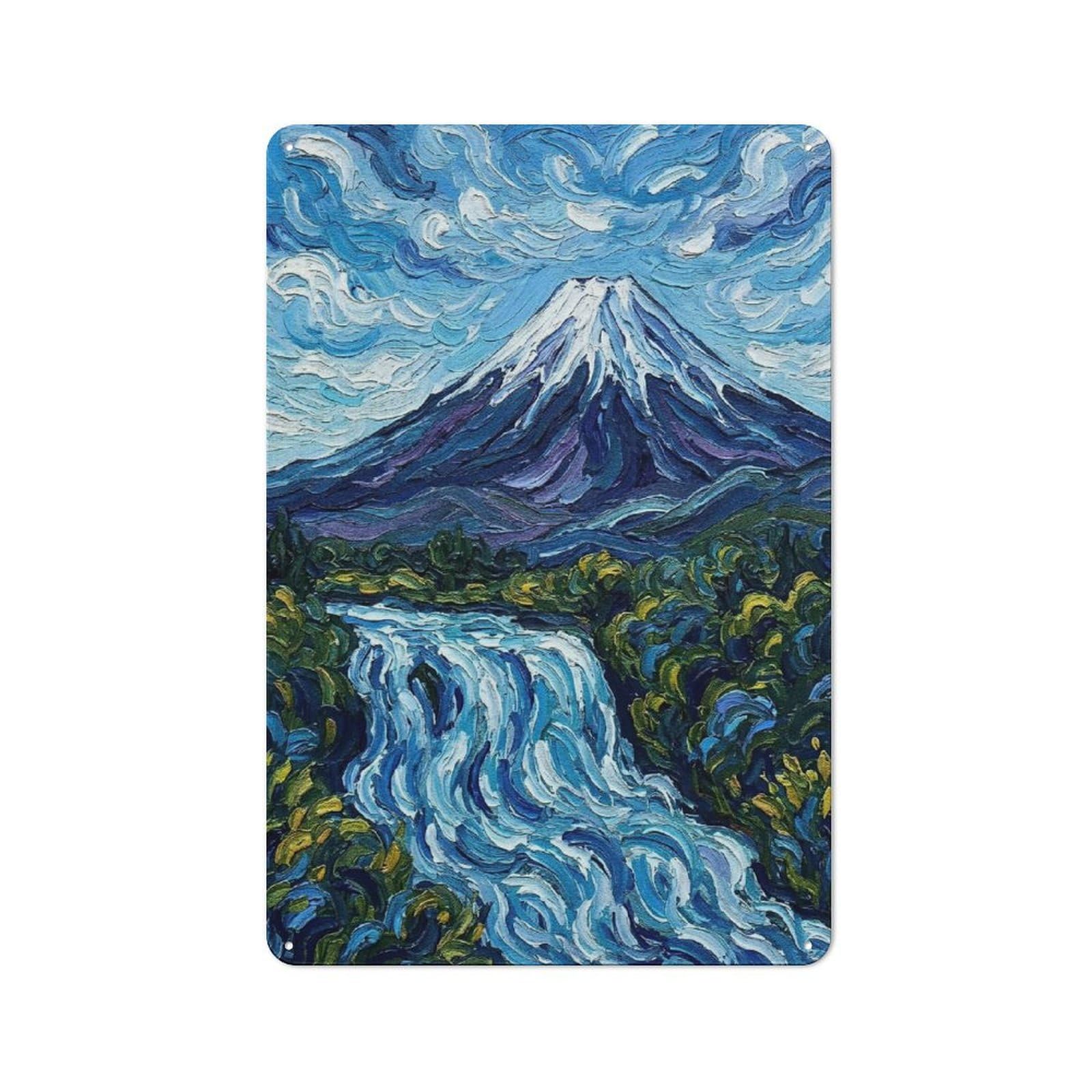 Junmoney Style-1 Mount Fuji And Waterfall Painting Metal Wall Plaque 30X20cm, Character Room Wall Plaque For Hallway, Home Bar, Garage Or Study