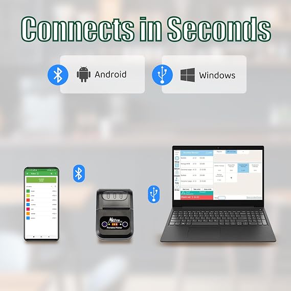 2 1/4 Portable Thermal Receipt Printer with USB Bluetooth Multiple Connections Tablet POS Cash Register Mobile Printing with Rechargeable Battery for Retail Restaurant Support Windows Android MAC