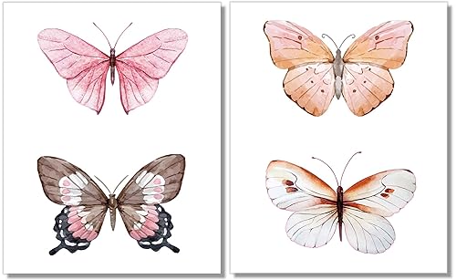 Butterfly Wall Art - Butterflies Watercolor Prints - Pink Decor - Set of 2-8x10 - Unframed