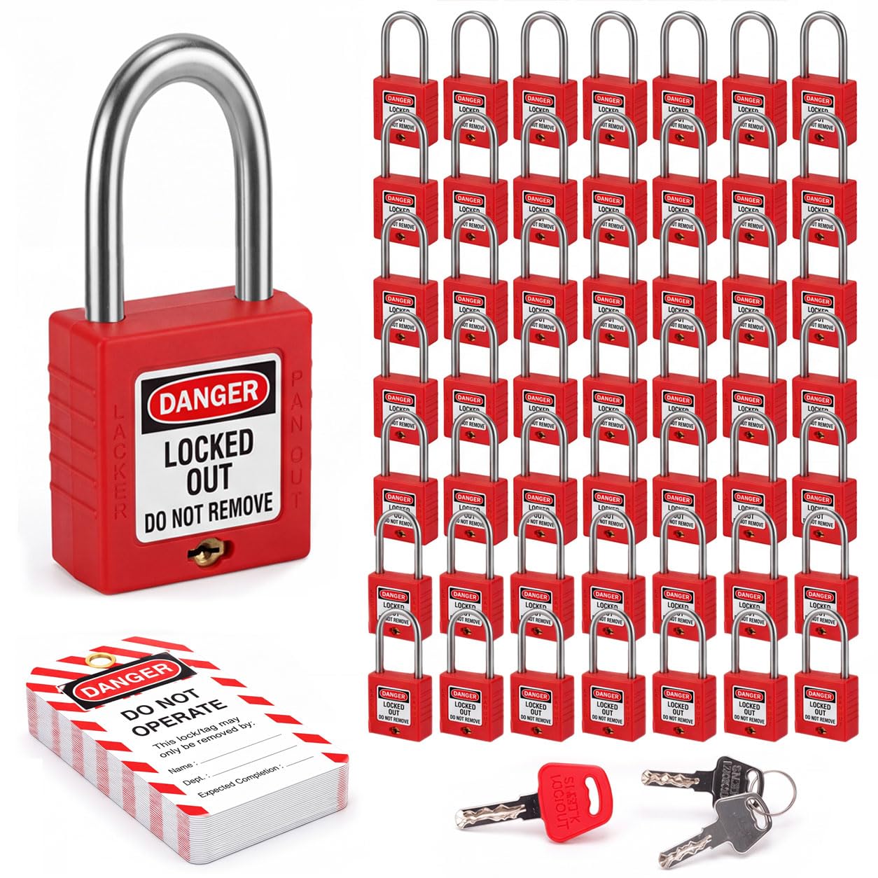 Confezione da 50 lucchetti con etichette e chiavi, lucchetti Loto | Lucchetti di sicurezza rossi con etichette e chiavi per stazioni di blocco, apparecchiature elettriche e industriali