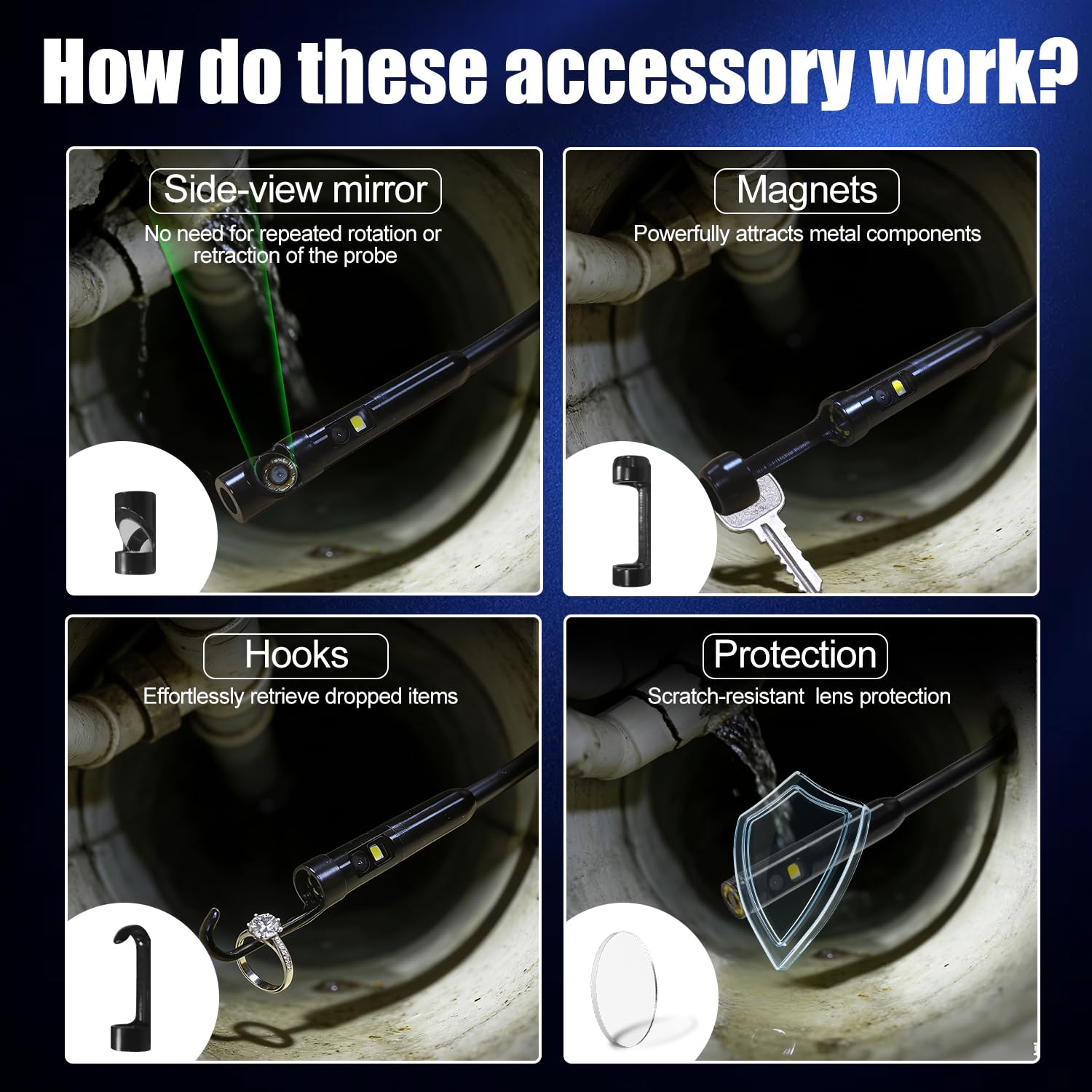 Caméra endoscopique avec lumière, 1920p à double objectif avec 8 lumières LED réglables, étanchéité IP67, endoscope d'inspection pour iPhone Android, caméra semi-rigide serpent de 5 m pour automobile