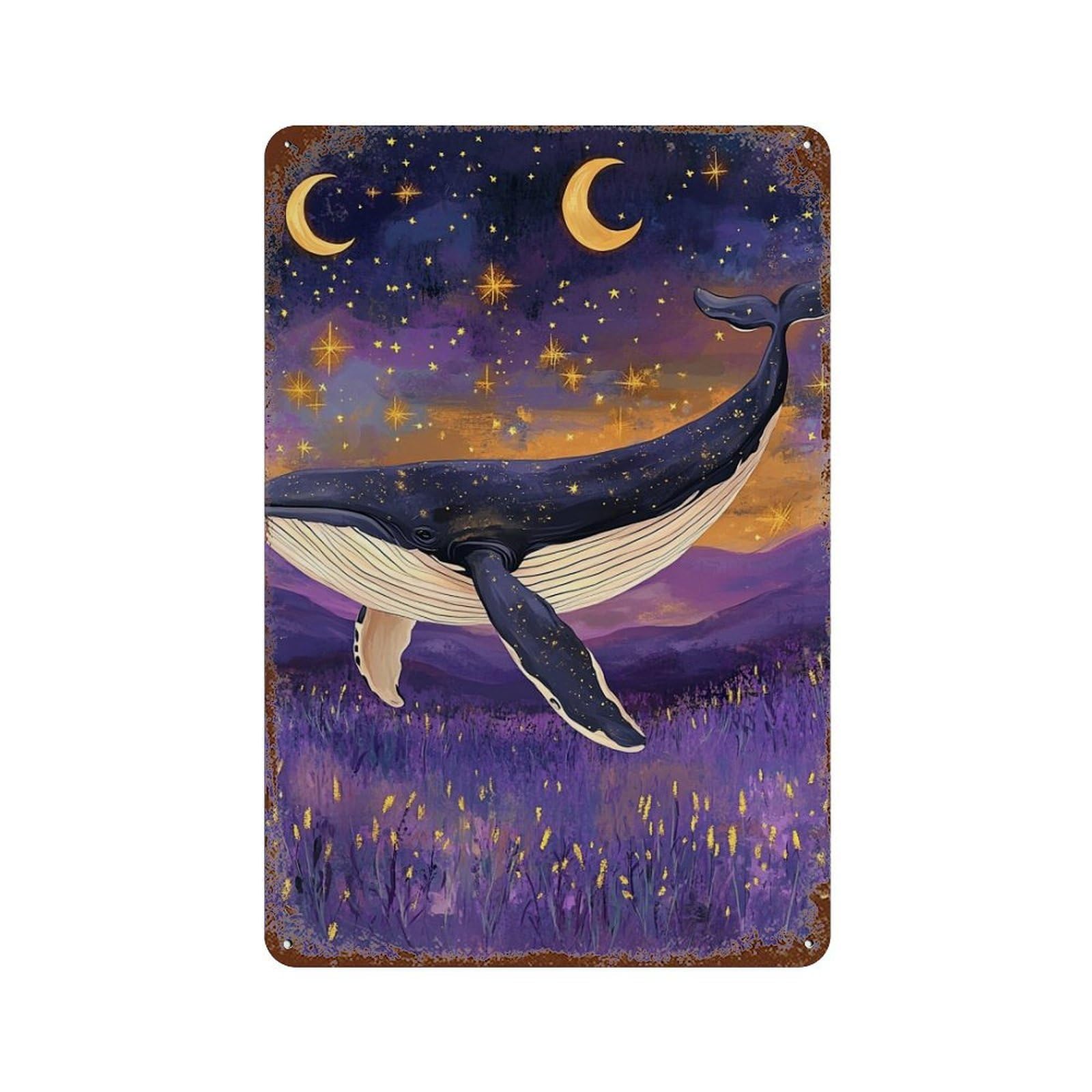 Decorative Tin Sign with Whale in Starry Night Design 11.8"x7.9", for Basement, Hobby Room And Garage Decor, Farmhouse Wall Decor