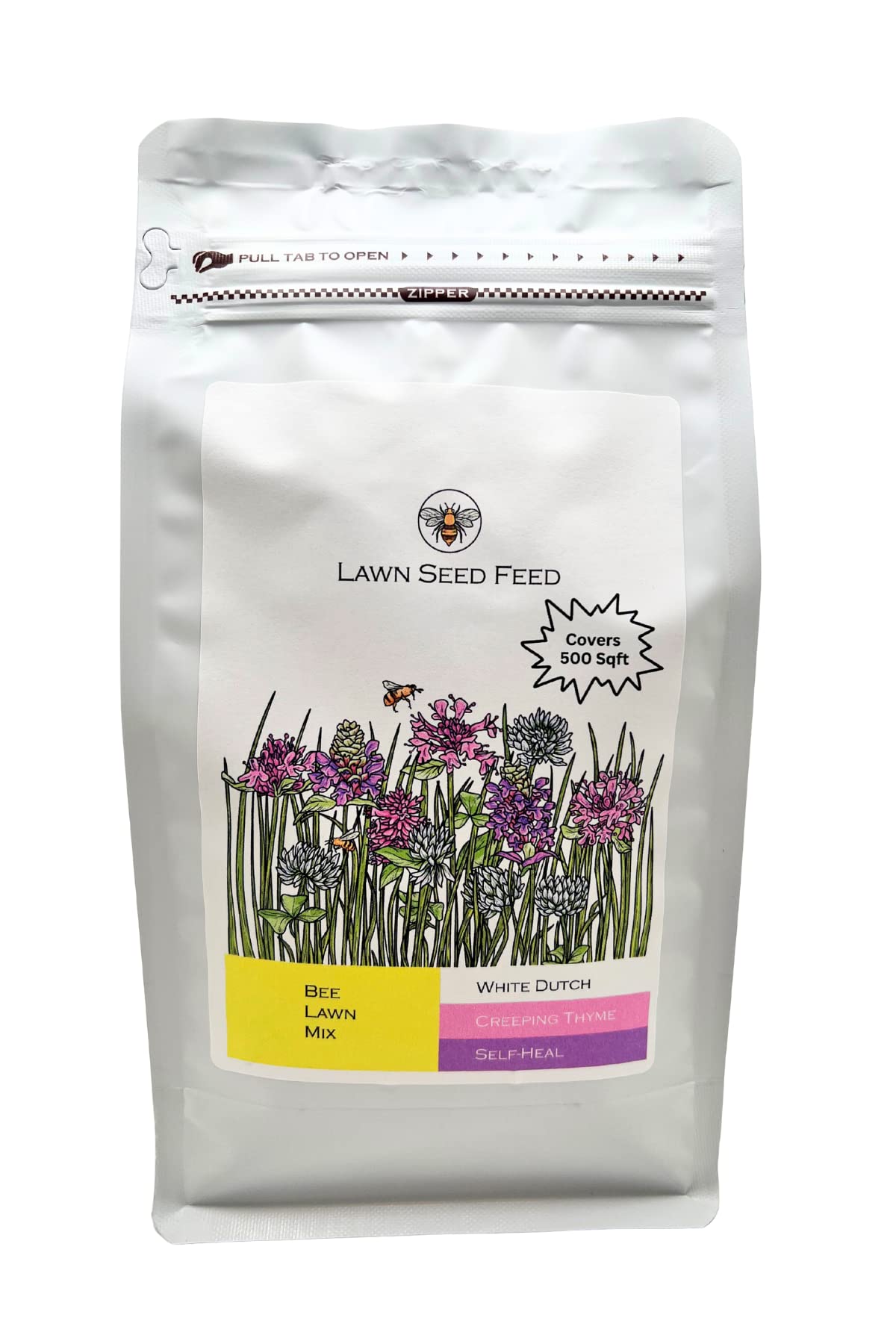 Bee Lawn Seed Mix - 500 to 1000 sqft - 1 Pound Grass Seed Mix With Dutch White Clover, Creepying Thyme, and Self-Heal Seeds - Enjoy a Lush Green Lawn and Support Pollinators with Our Bee Lawn Mixture.